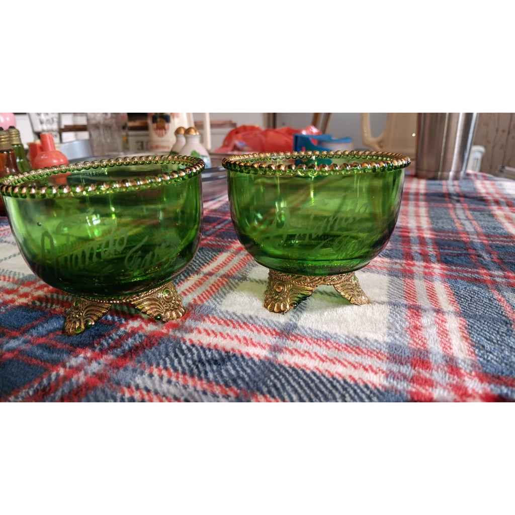 2 Antique Green US Glass Colorado Lacy Medallion Footed Bowl “Orlando's Fair”