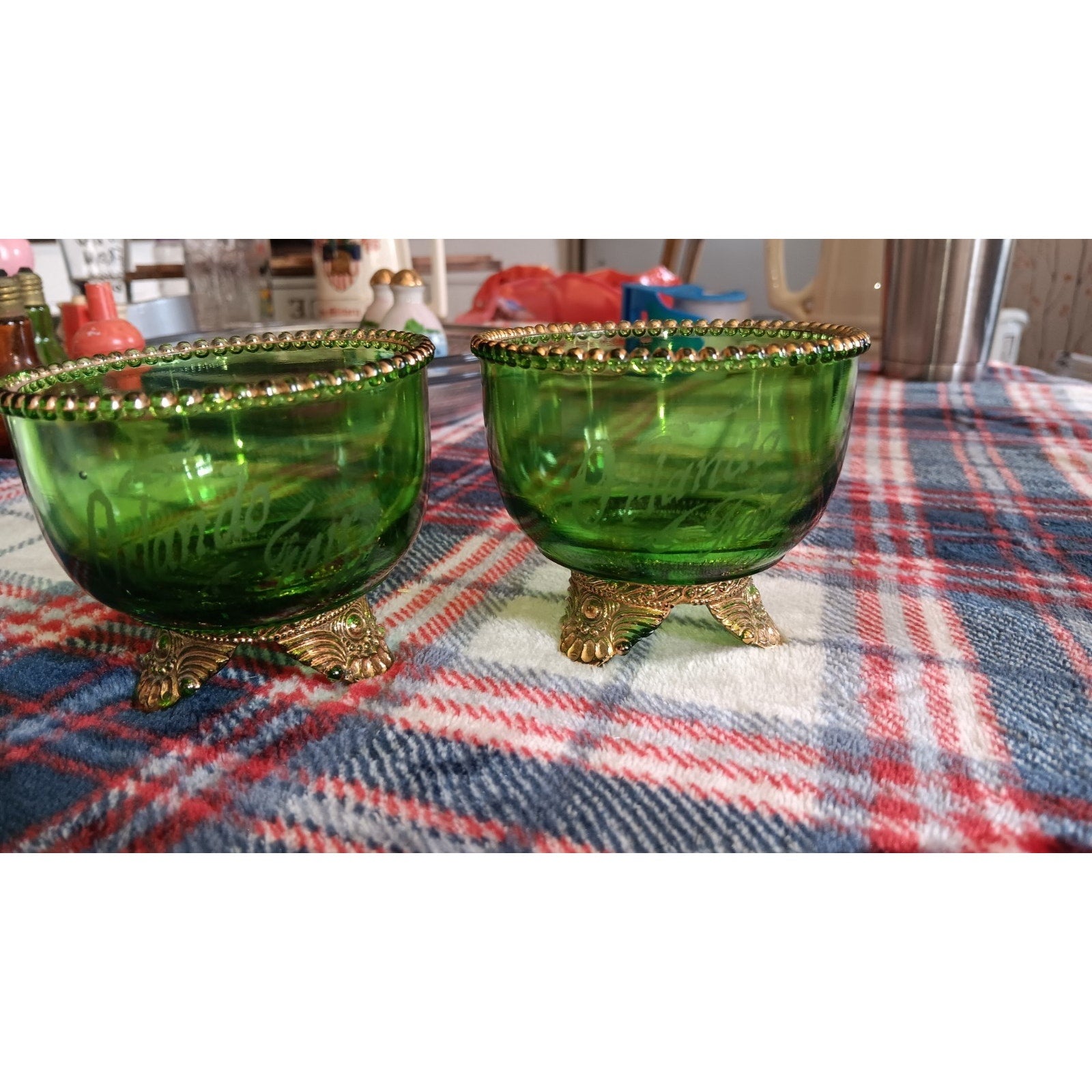 2 Antique Green US Glass Colorado Lacy Medallion Footed Bowl “Orlando's Fair”