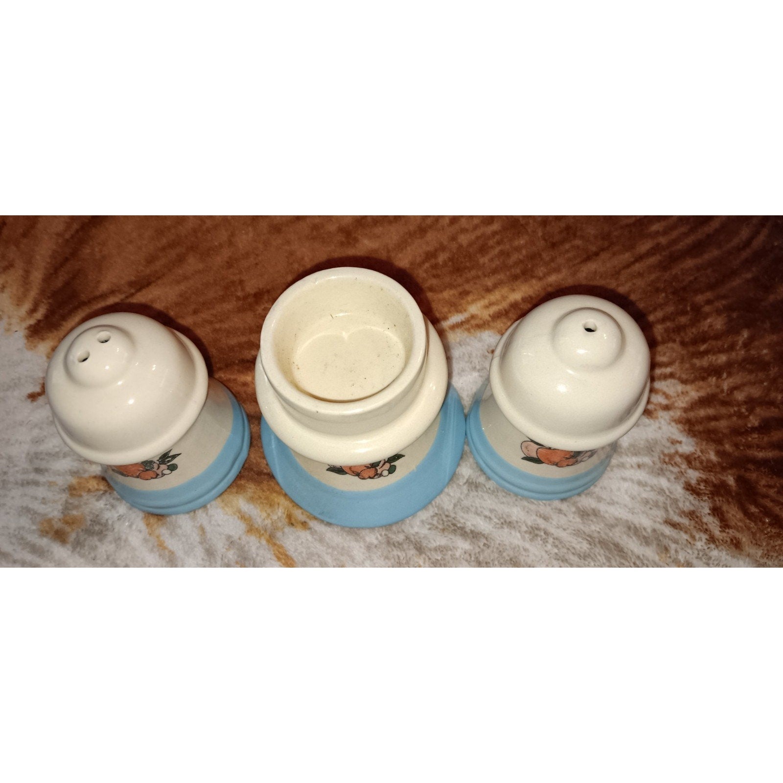 Vintage Blue and White Salt & Pepper Shakers w/ Apple Pattern and Candle Holder