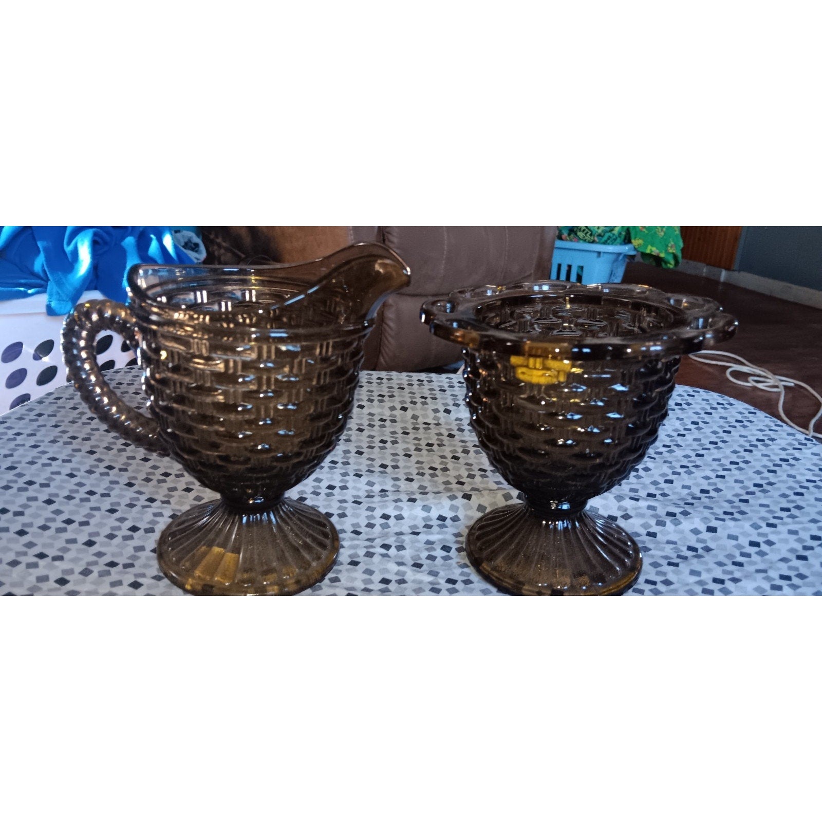 Vintage Glass Smoke Basketweave Sugar Compote & Creamer. No Lid