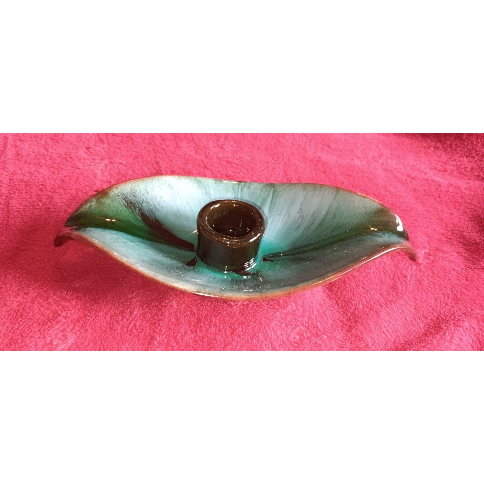 Vintage Blue Mountain Pottery (Red Clay) 1 Leaf Candle Holders - Green Drip
