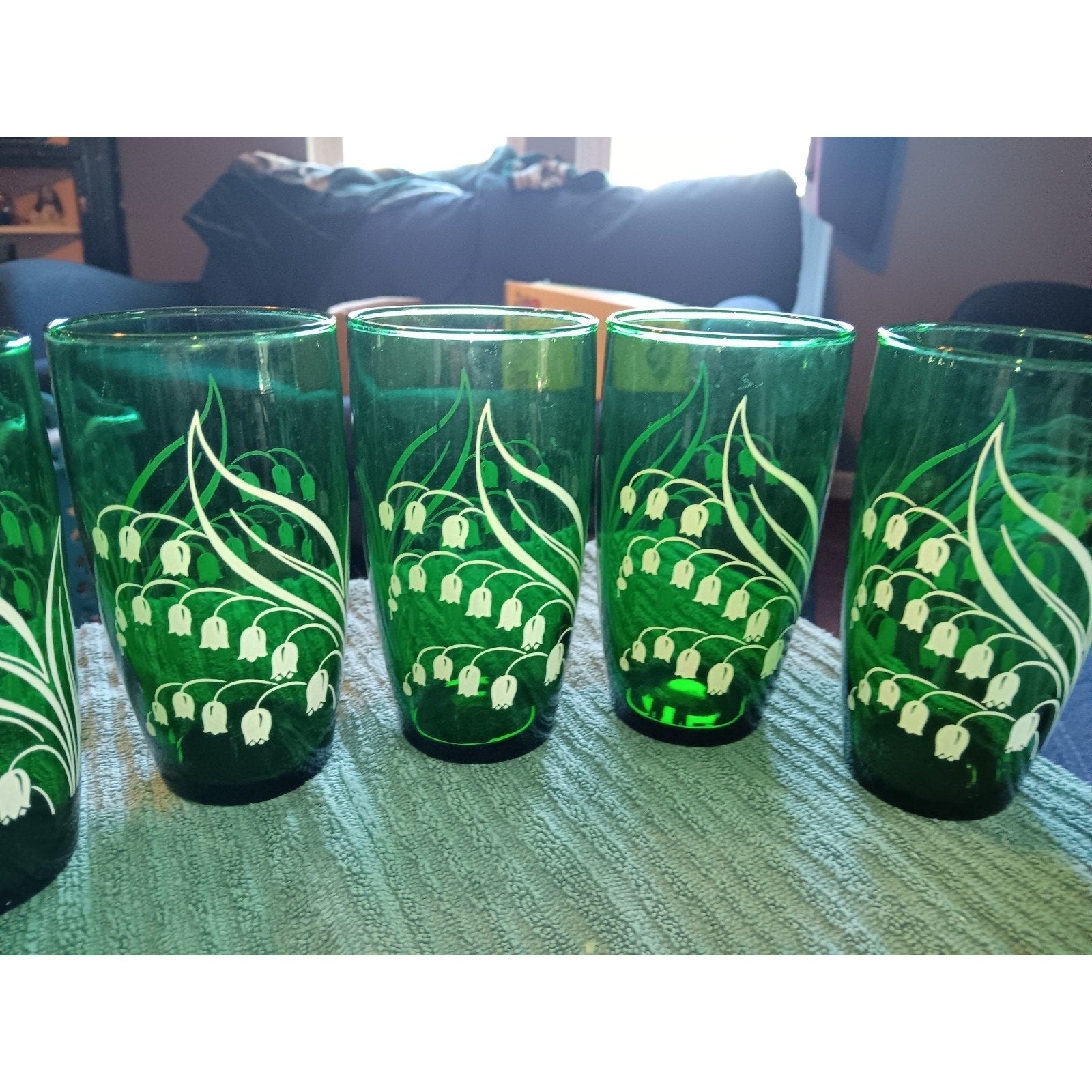 Set of 8 MCM Anchor Hocking Lily of the Valley Green Tumblers Glasses