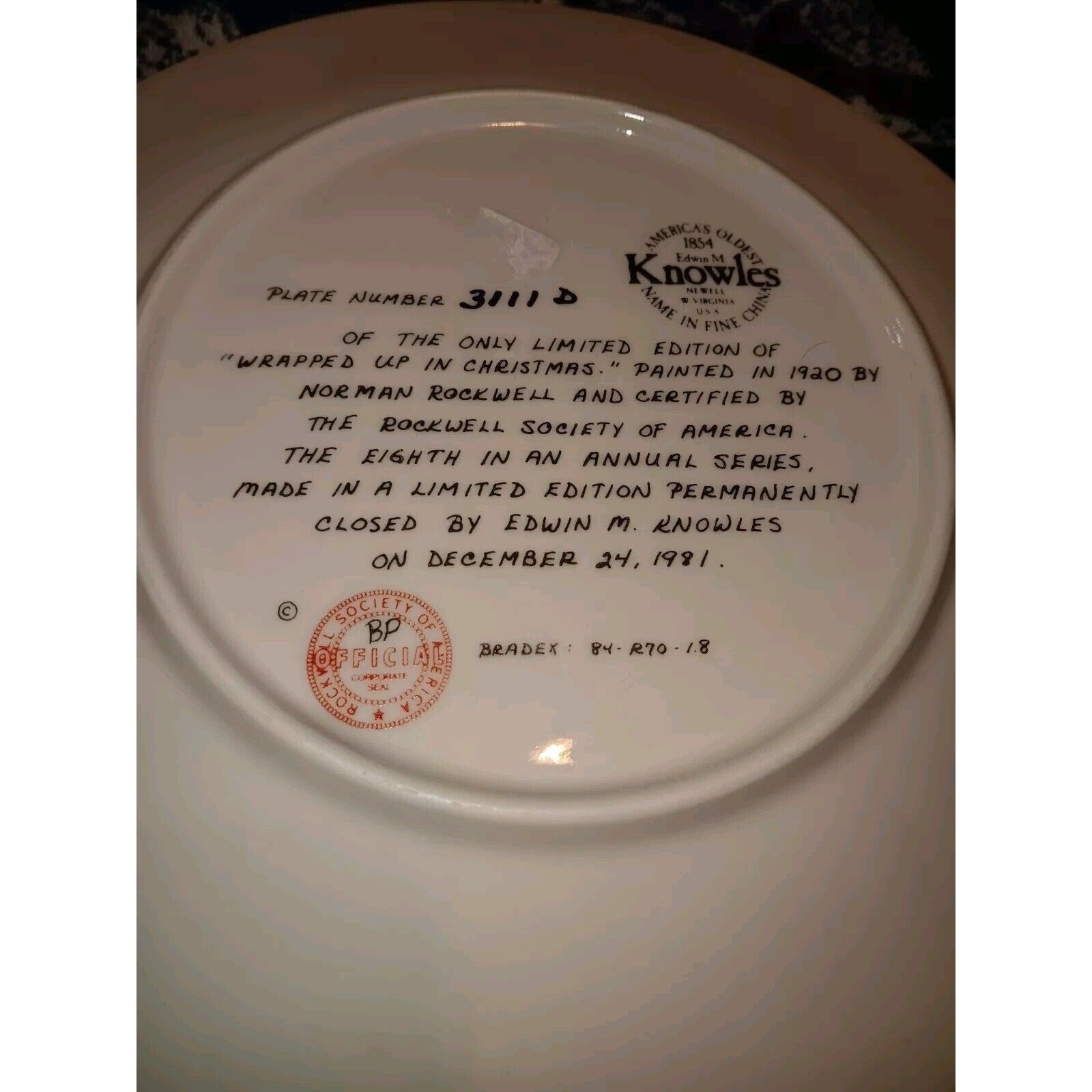 “Wrapped Up In Christmas” Plate, by Norman Rockwell, Limited Edition 3187F