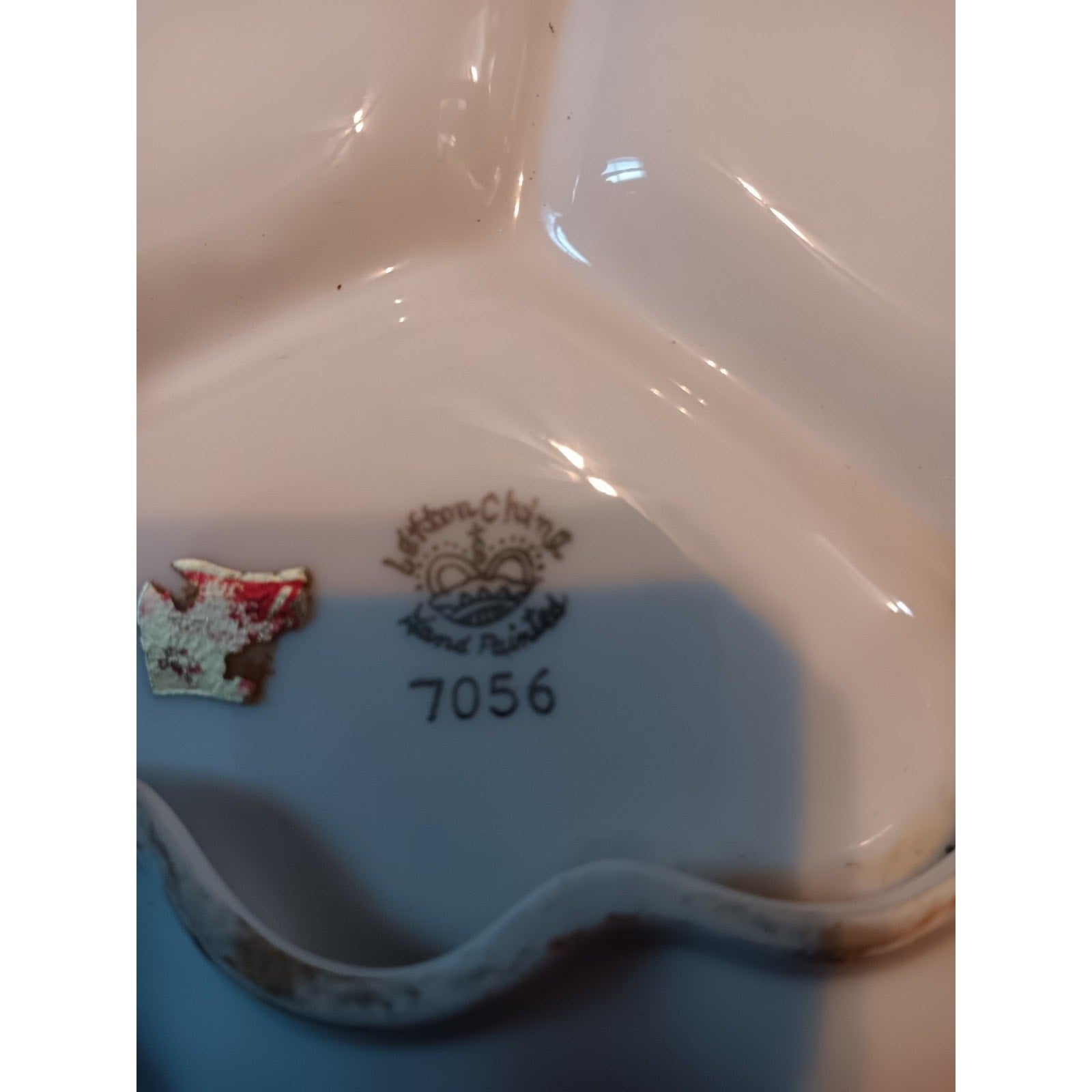 Lefton Hand Painted 3 Handled Divided Candy Dish Pink Blue Roses Gold Trim 7056