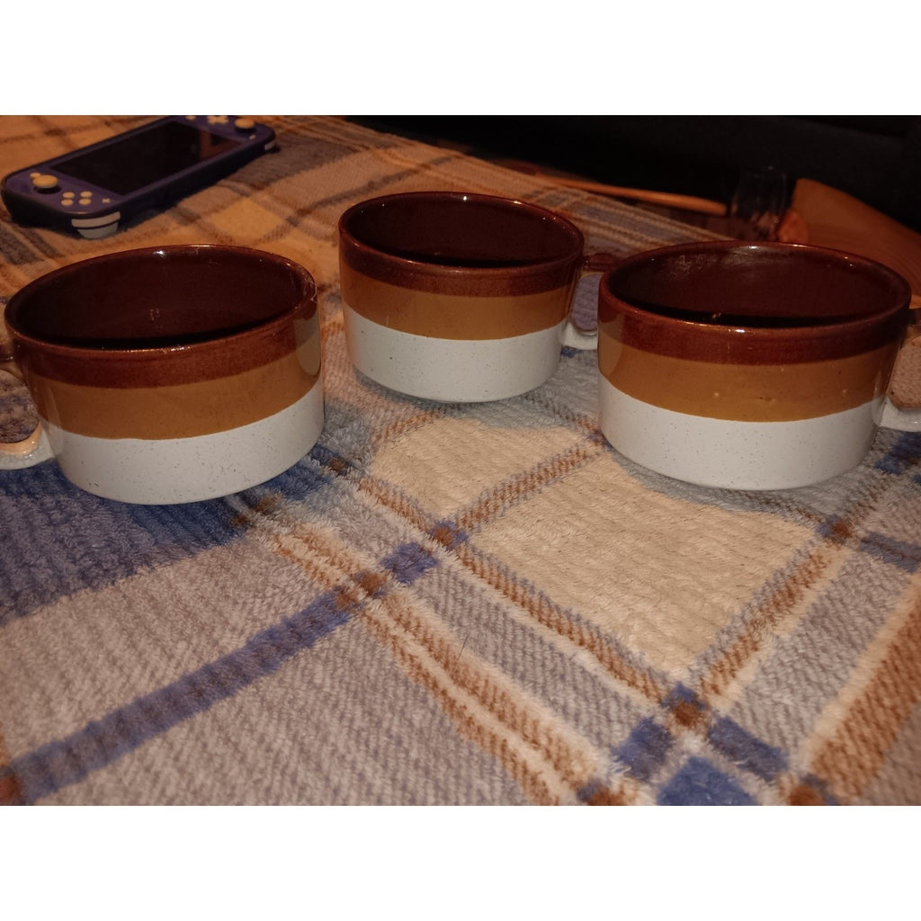 Vintage Stoneware Soup Mugs Set of 3 10oz Gradient Brown Cups