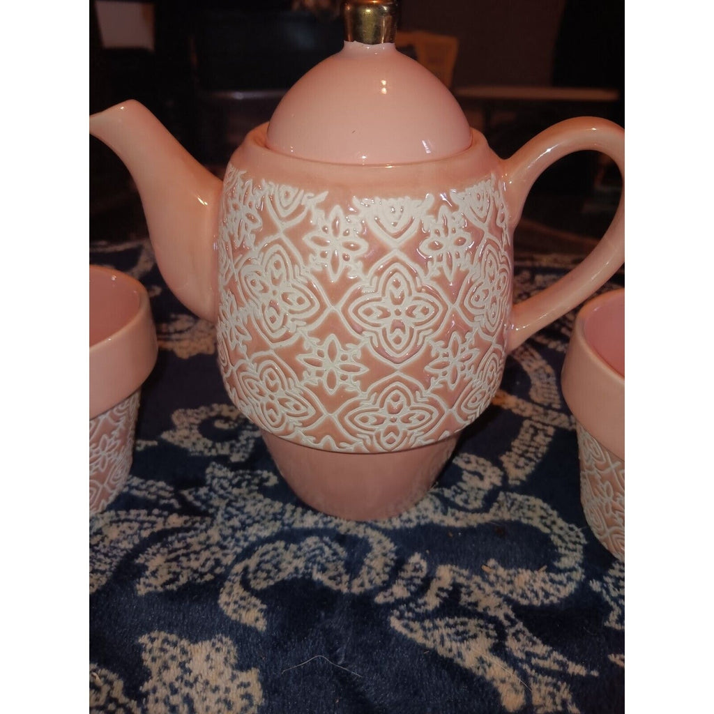 Pinky Up ~ Tea for Two Set in Pink and White Teapot Mugs Ceramic