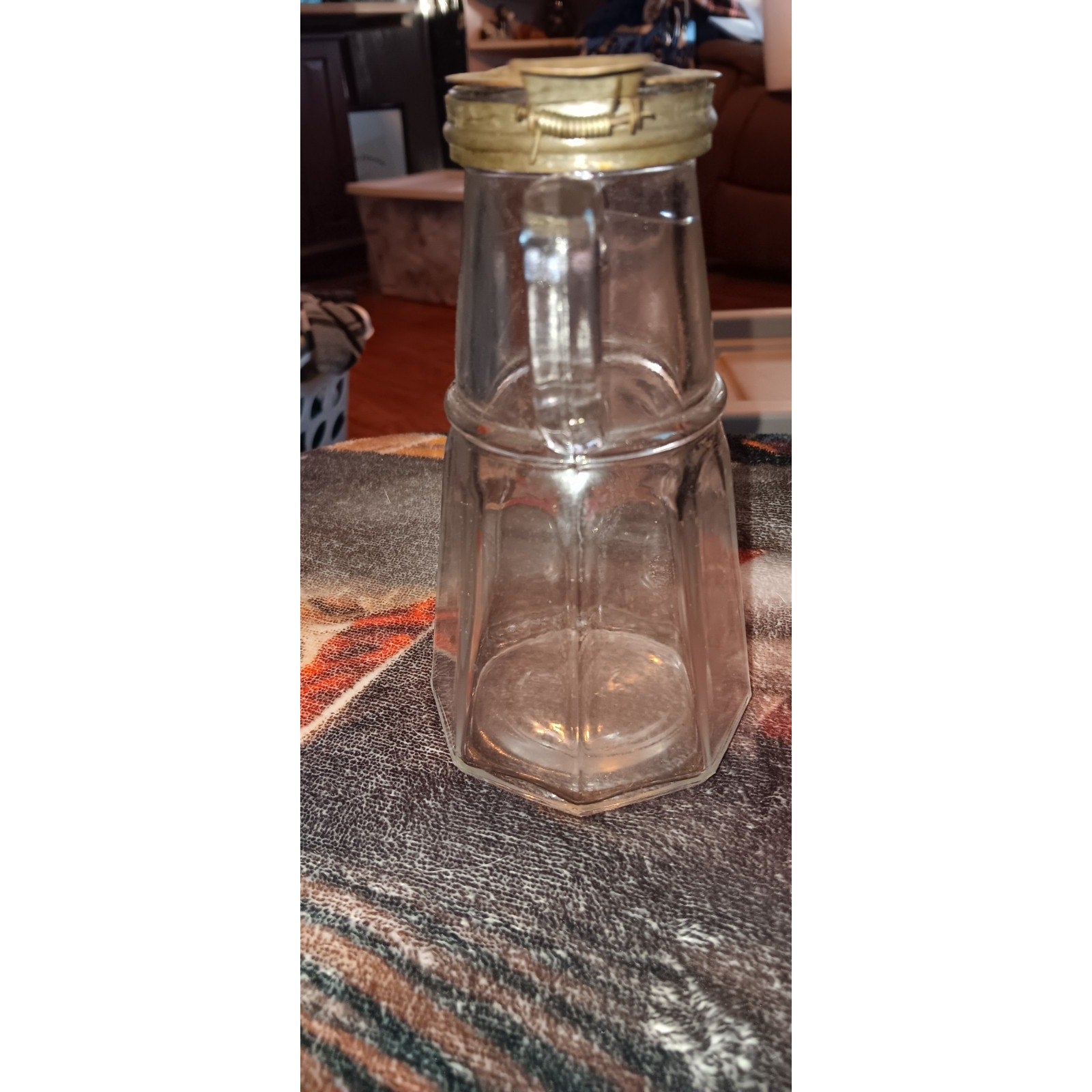 Antique 6" Tall Glass Syrup Pitcher with Spring-Loaded Metal Lid