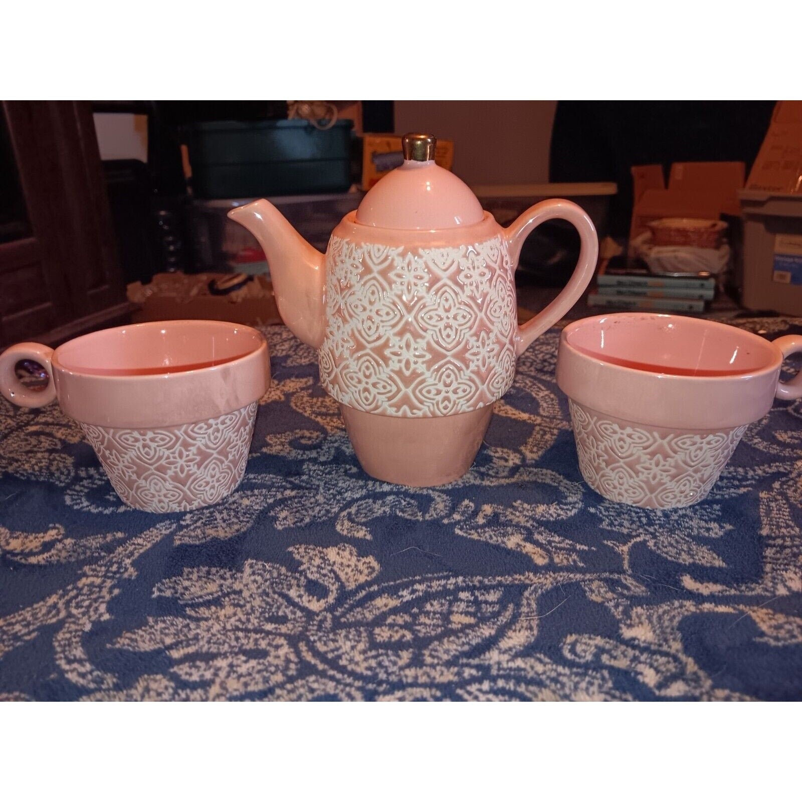 Pinky Up ~ Tea for Two Set in Pink and White Teapot Mugs Ceramic
