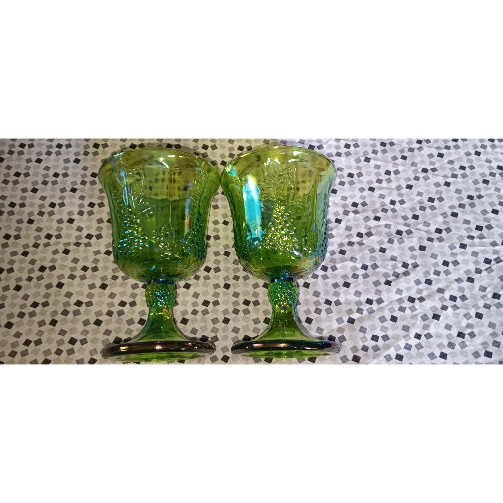 Vintage Indiana Harvest Grapes Carnival Glass Goblets Iridescent Green