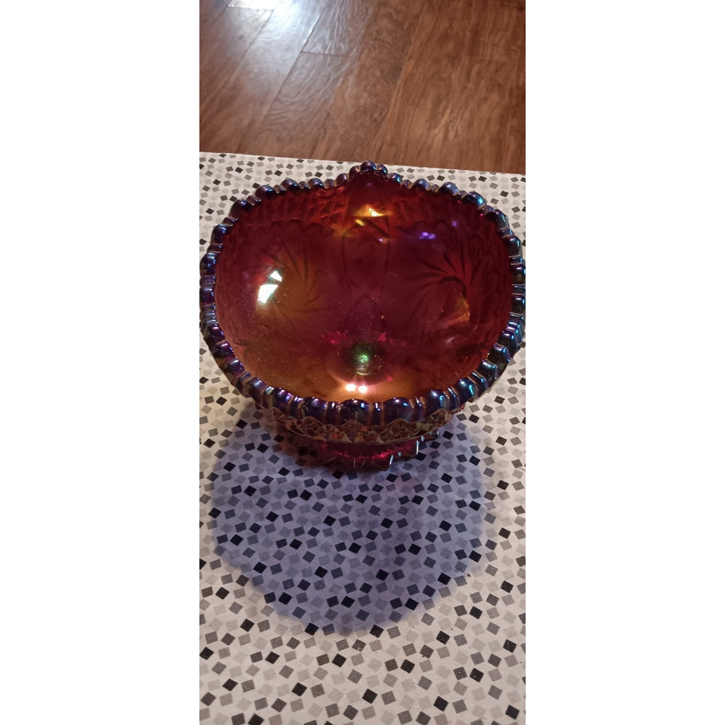 Fenton Ruby Red Glass Carnival Pinwheel Iridescent Sawtooth Edge Candy Bowl Art