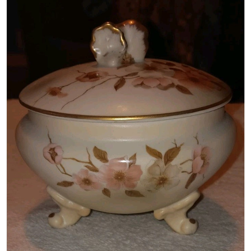 Vintage Nippon Porcelain Footed Covered Powder Bowl Hand Painted Wildflowers