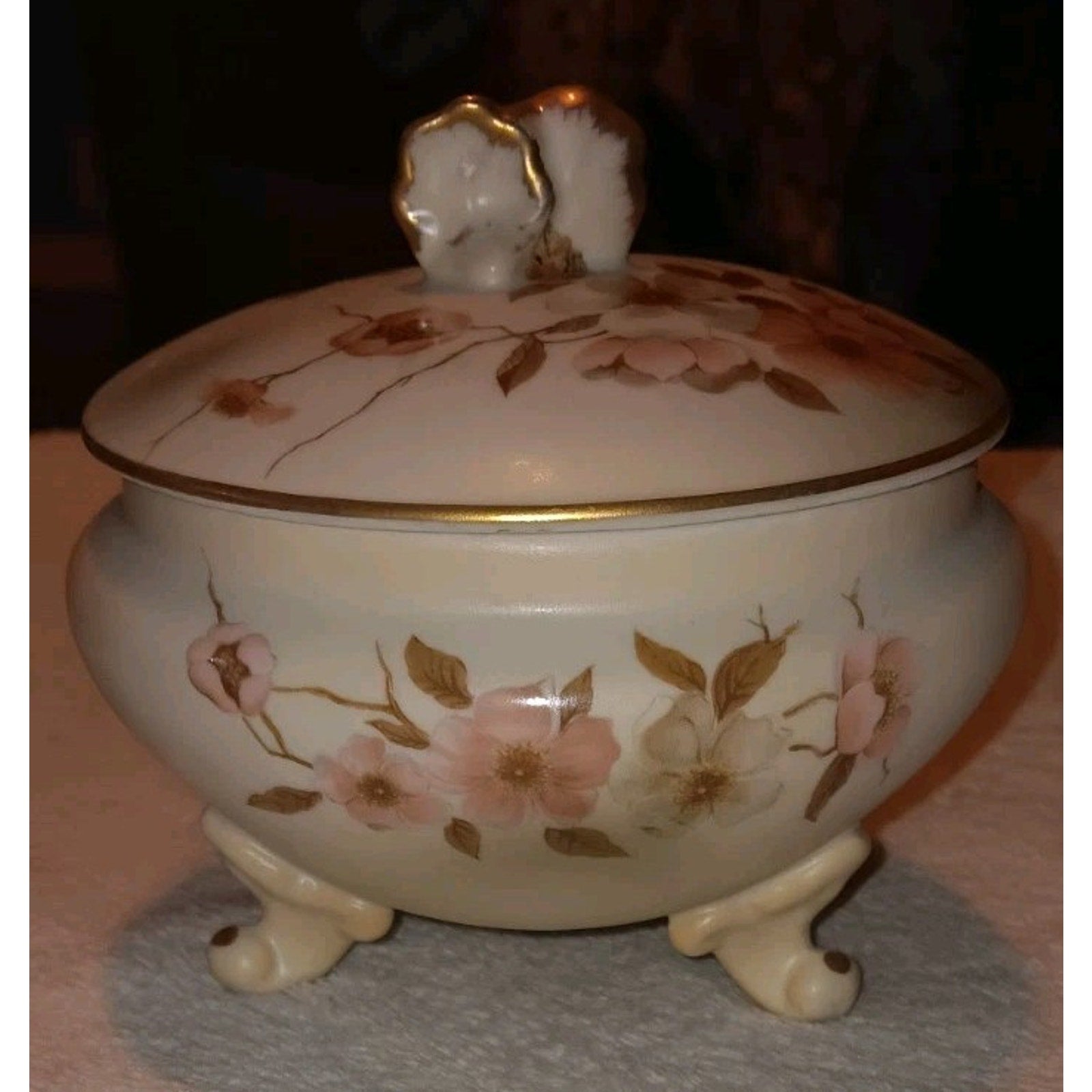 Vintage Nippon Porcelain Footed Covered Powder Bowl Hand Painted Wildflowers