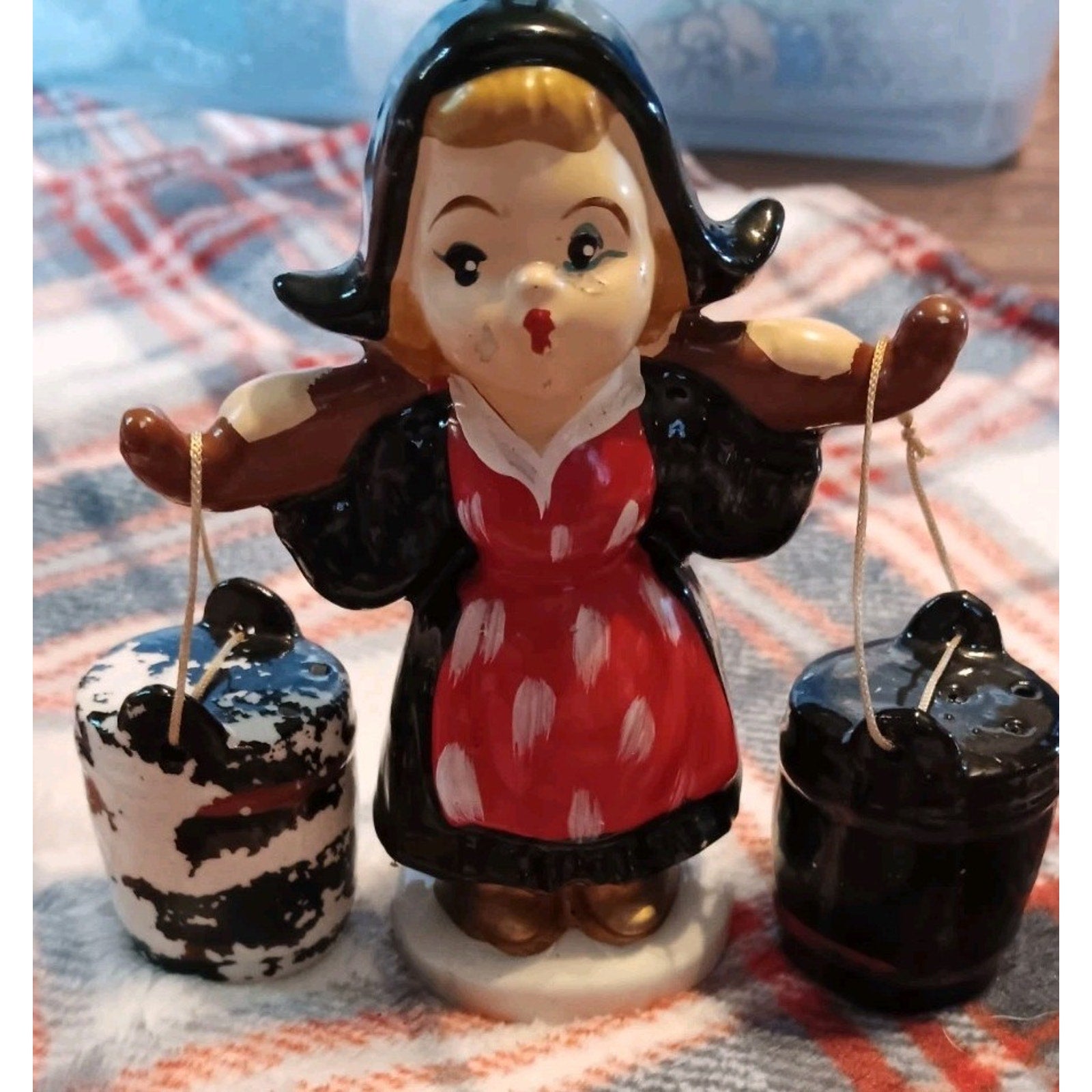 Salt And Pepper Shakers Girl Carrying Jugs Of Water Made In Japan W/corkSalt And