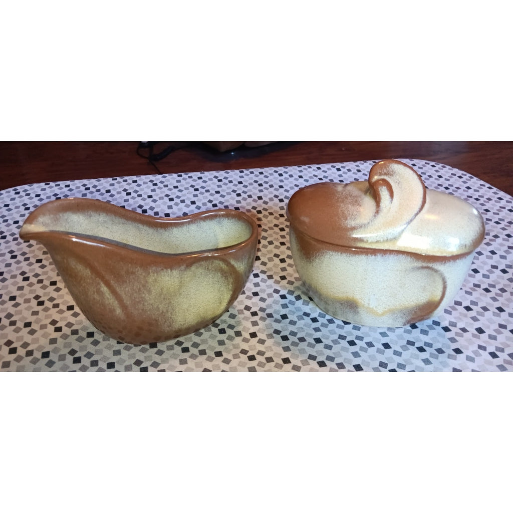 MCM Frankoma Lazy Bones Plainsman Brown Lidded Sugar & Creamer RARE!