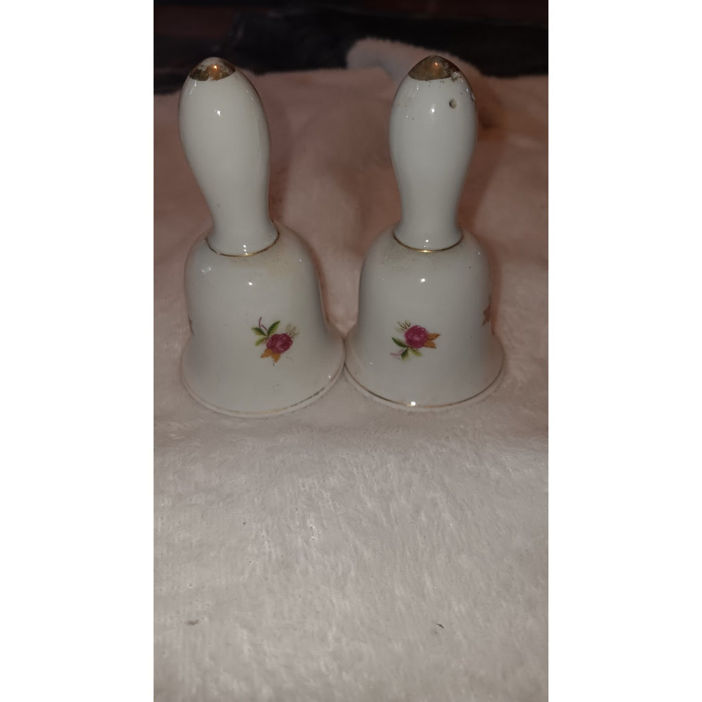 Vintage White Gold Porcelain Bell-Shaped Salt & Pepper Shakers Pink Roses Japan
