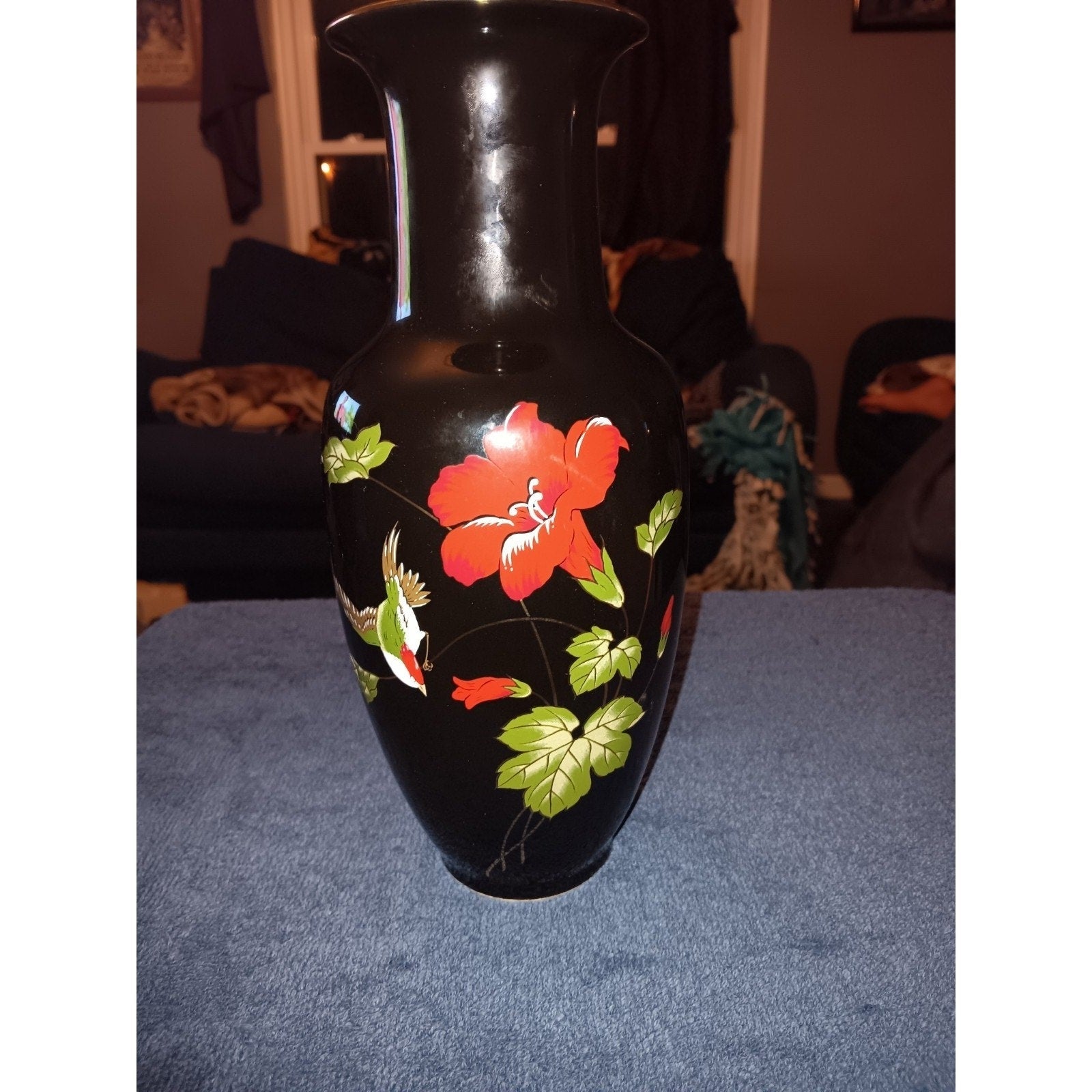 Decorative gold trim vase with flower design black 10” Height Made In Japan