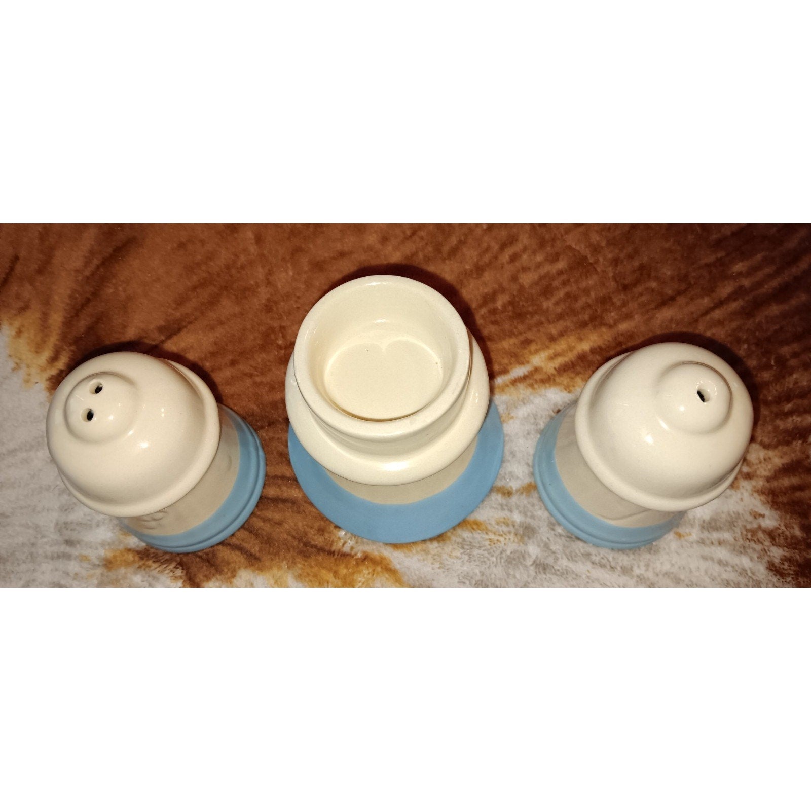 Vintage Blue and White Salt & Pepper Shakers w/ Apple Pattern and Candle Holder