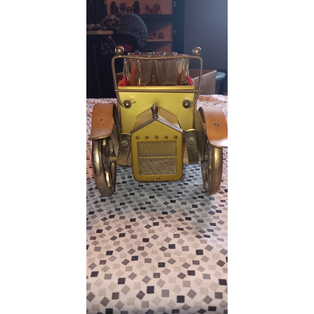 VTG Golden Crown Metal Model T Music Box Bar Car Decanter Set w/ Amber Glass