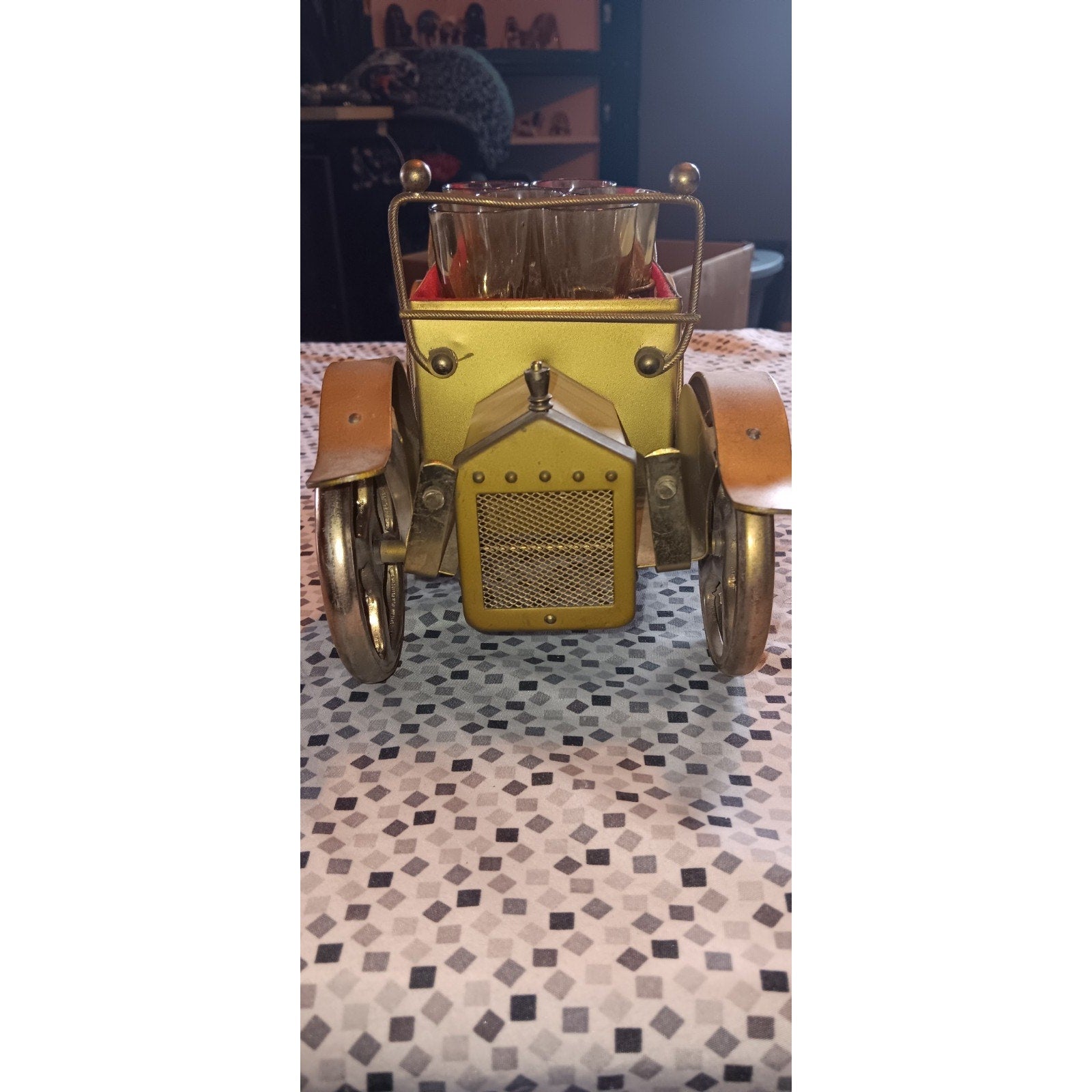 VTG Golden Crown Metal Model T Music Box Bar Car Decanter Set w/ Amber Glass