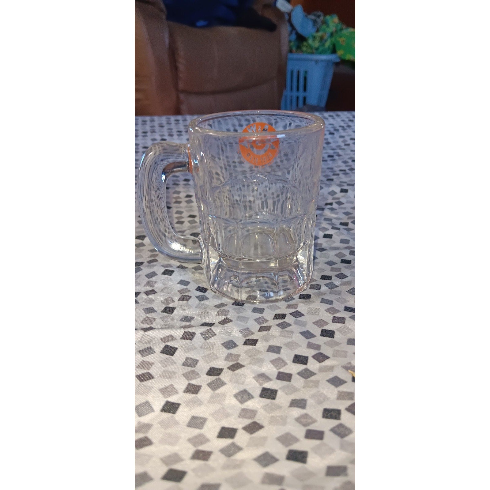 1960s VTG A&W Root Beer Mini Mug Clear Glass Bullseye Arrow Orange Logo AW 3.25"