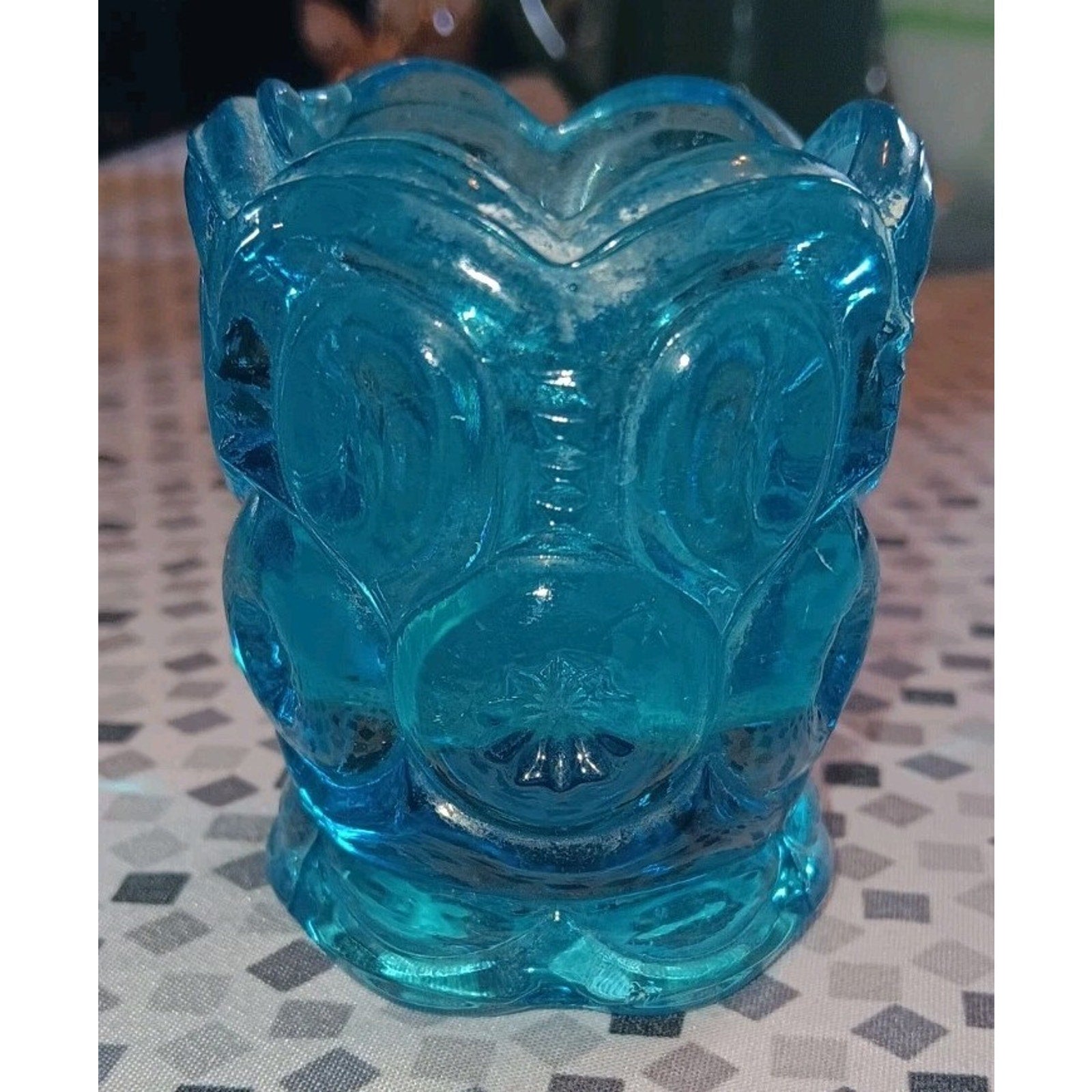 Vintage L E Smith Blue Glass Moon & Stars Toothpick Holder w/Ruffled Bottom