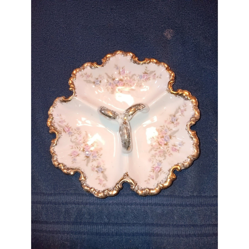 Lefton Hand Painted 3 Handled Divided Candy Dish Pink Blue Roses Gold Trim 7056