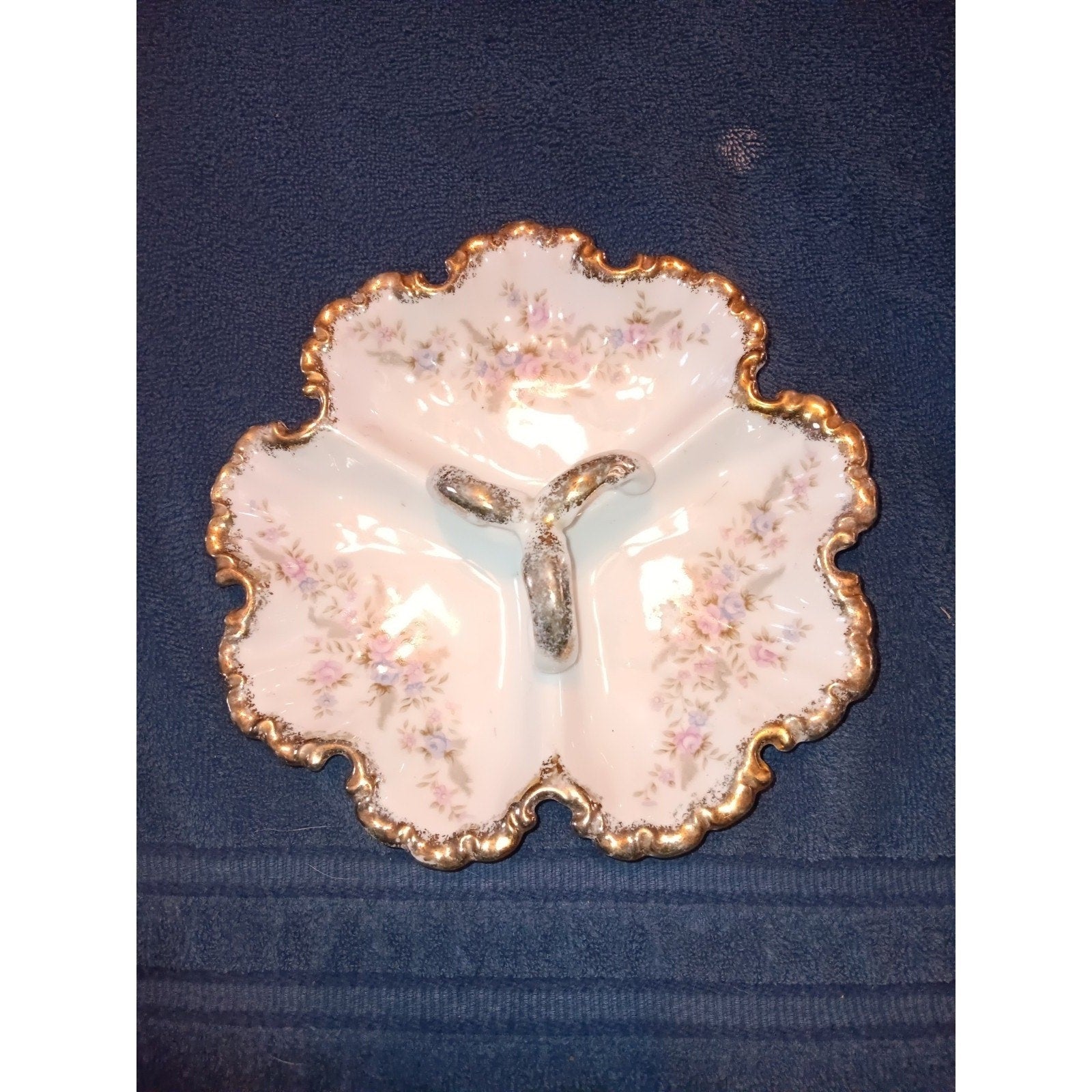 Lefton Hand Painted 3 Handled Divided Candy Dish Pink Blue Roses Gold Trim 7056