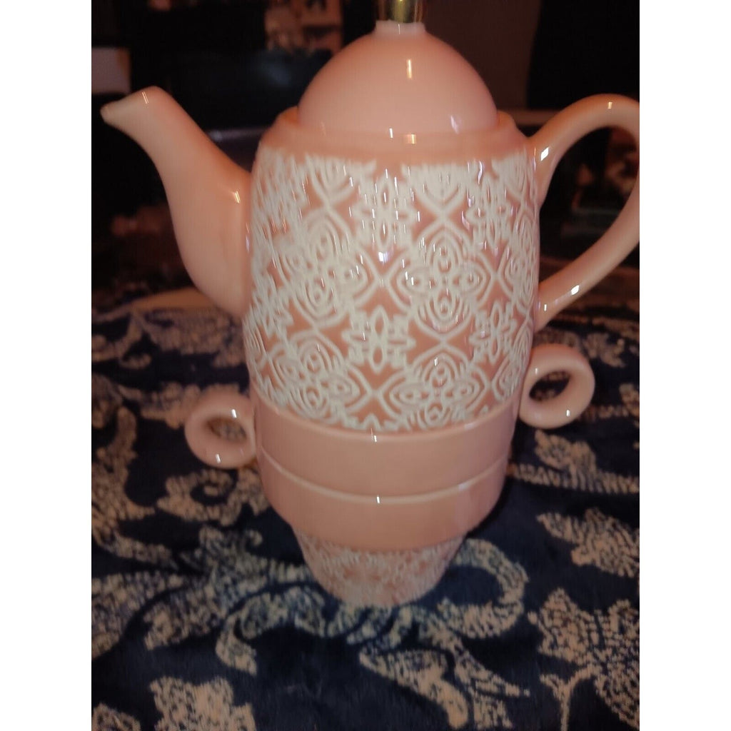 Pinky Up ~ Tea for Two Set in Pink and White Teapot Mugs Ceramic
