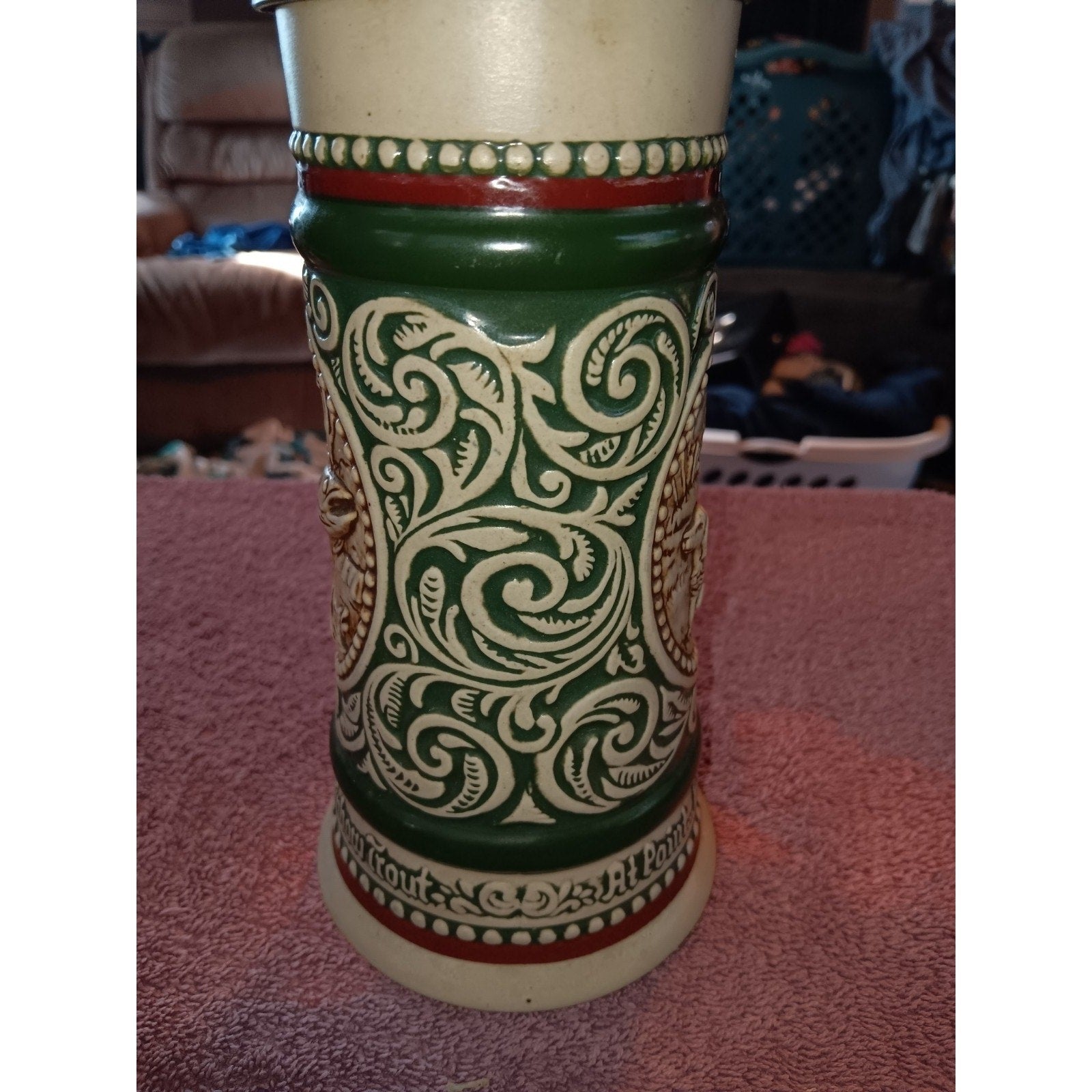 Vintage 1978 Pewter Top Beer Stein, Irish Setter and Rainbow Trout, Brazil 9''