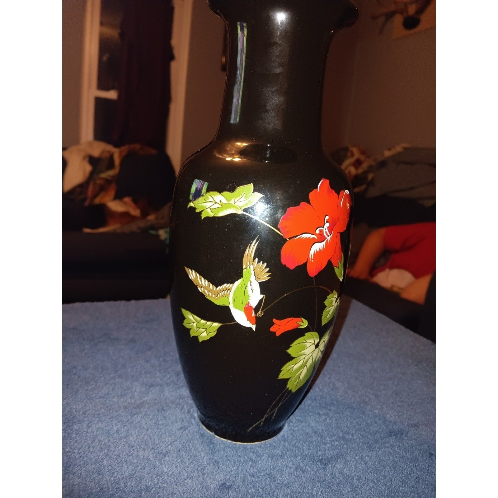 Decorative gold trim vase with flower design black 10” Height Made In Japan