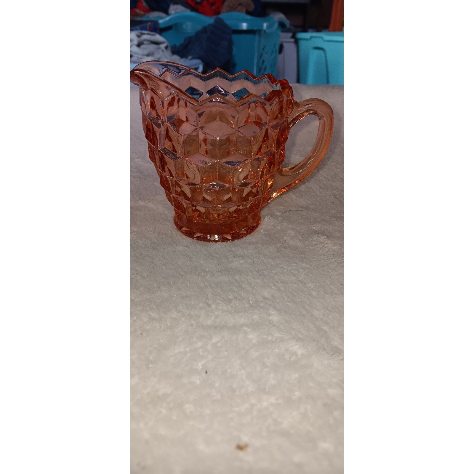 Vintage Indiana Whitehall Glass Cubist 4" Tall Heavy Creamer Pink Peach 1960's