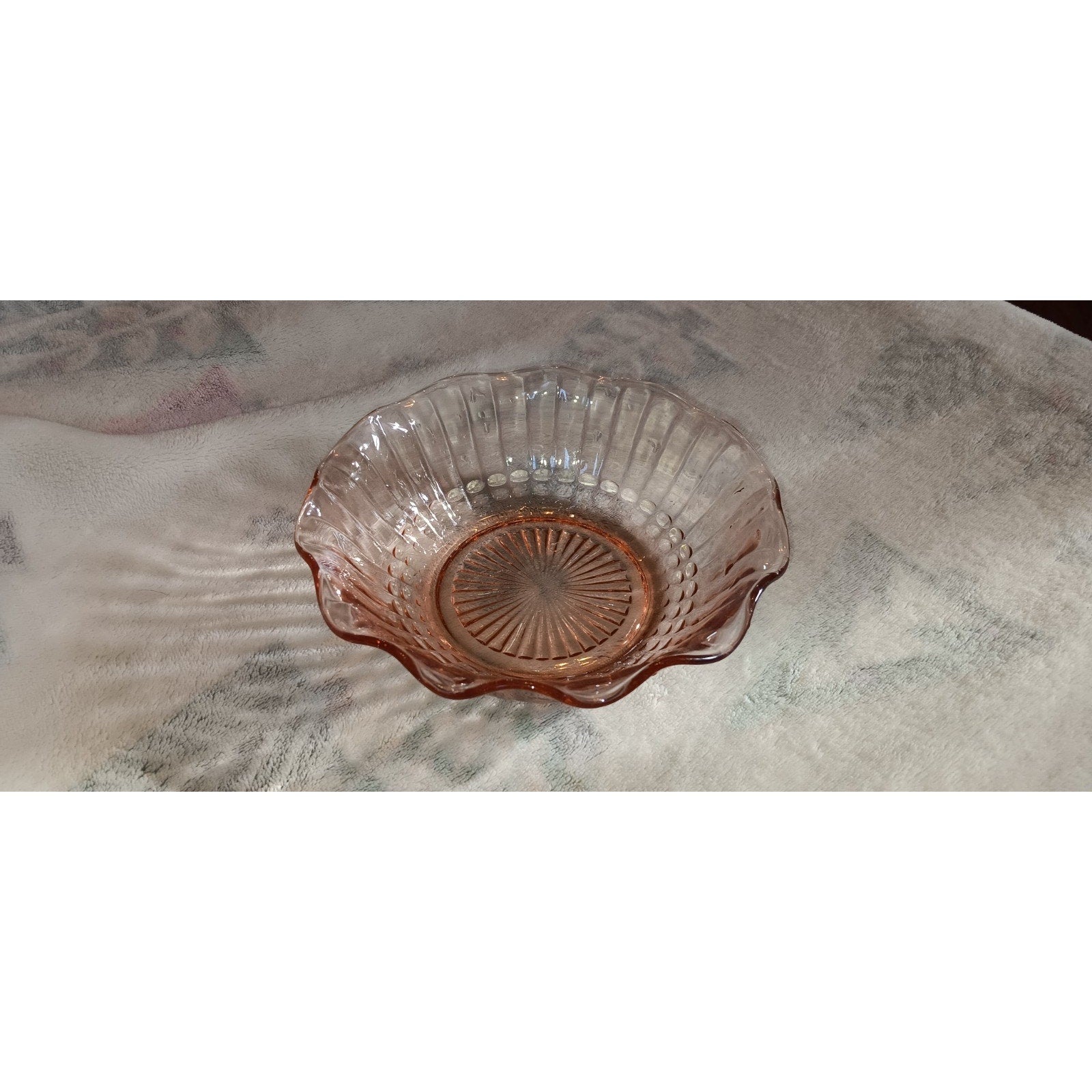 Pink Pressed Depression Glass Small Bowl Candy Dish Ruffled Edges Raised Designs