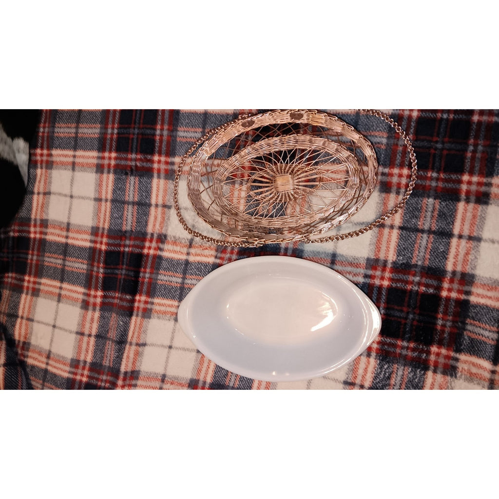 Glasbake White Milk Glass 10" Oval Baking Dish & Rose Gold Metal Carry Basket