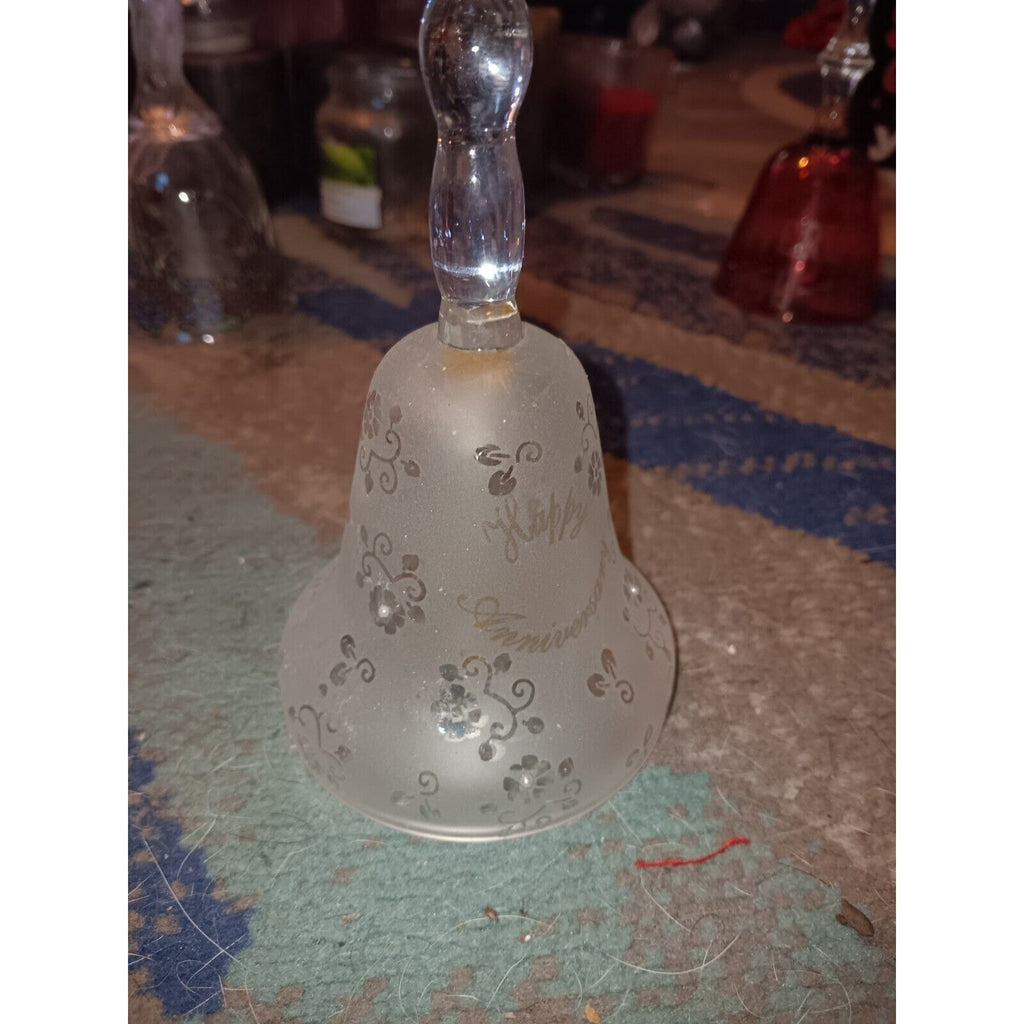 Vintage Clear Frosted Glass Wedding 50th Anniversary Bell with Pearl Accents 5"