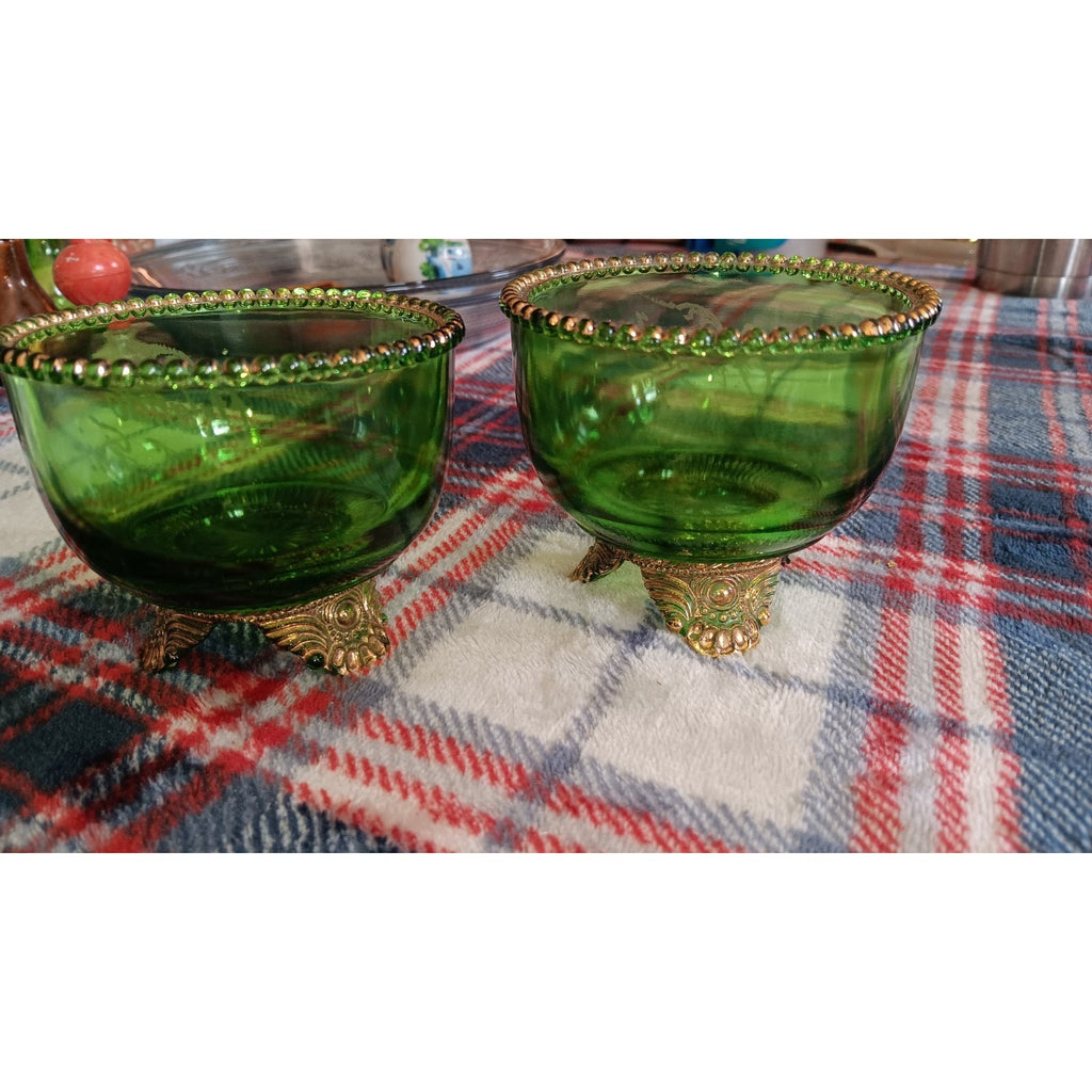 2 Antique Green US Glass Colorado Lacy Medallion Footed Bowl “Orlando's Fair”