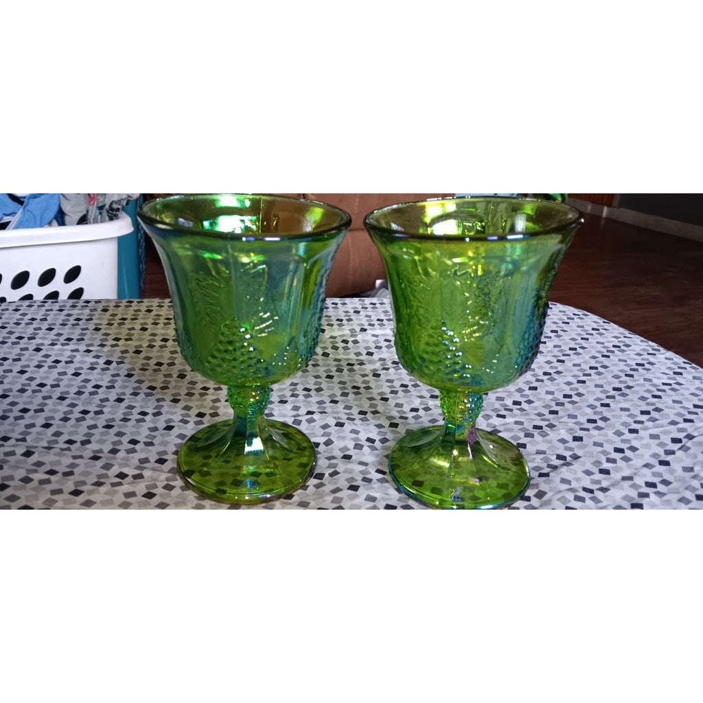 Vintage Indiana Harvest Grapes Carnival Glass Goblets Iridescent Green