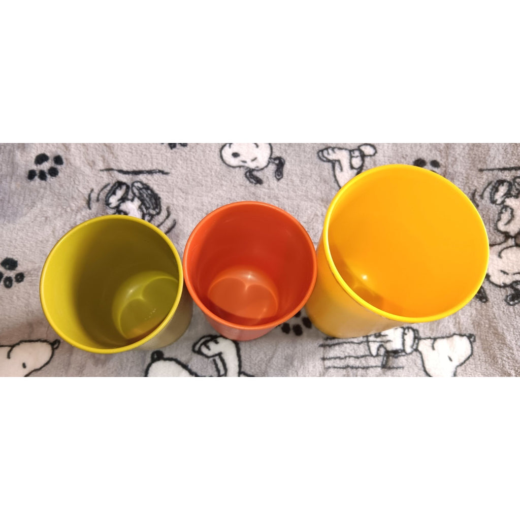 Tupperware Harvest Colors Set of 2 #1320 Juice Cups & One 873 Yellow Tumbler