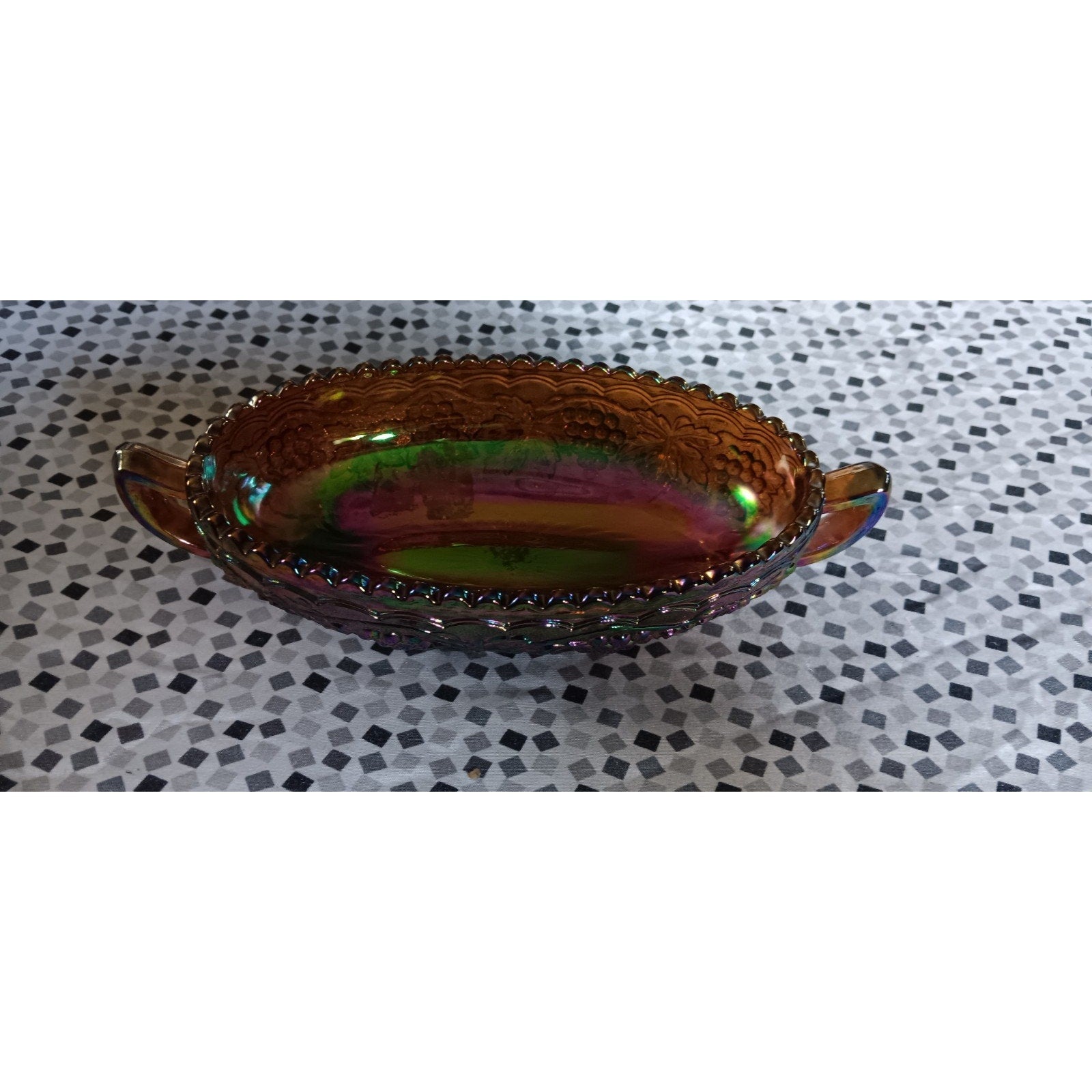 Vintage Imperial Grape Cable Carnival Glass Oval Handled Saw Tooth Rim Bowl