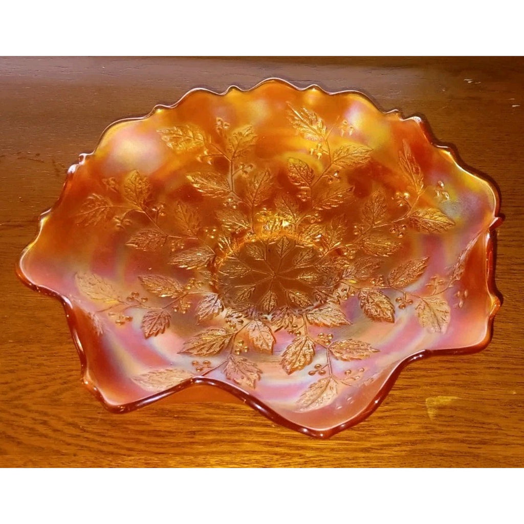 VINTAGE FENTON MARIGOLD CARNIVAL GLASS HOLLY PATTERN RUFFLED BOWL 8”