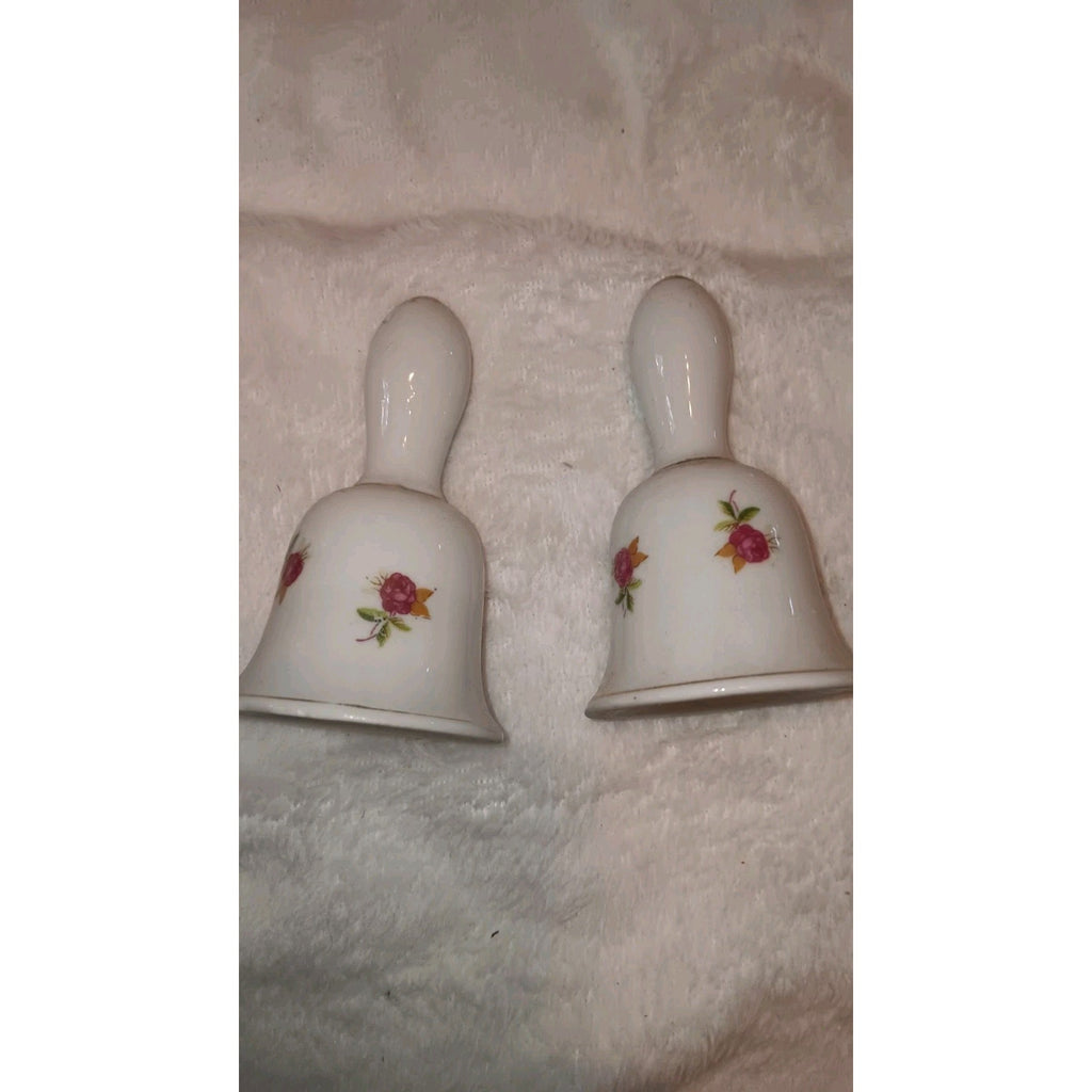 Vintage White Gold Porcelain Bell-Shaped Salt & Pepper Shakers Pink Roses Japan