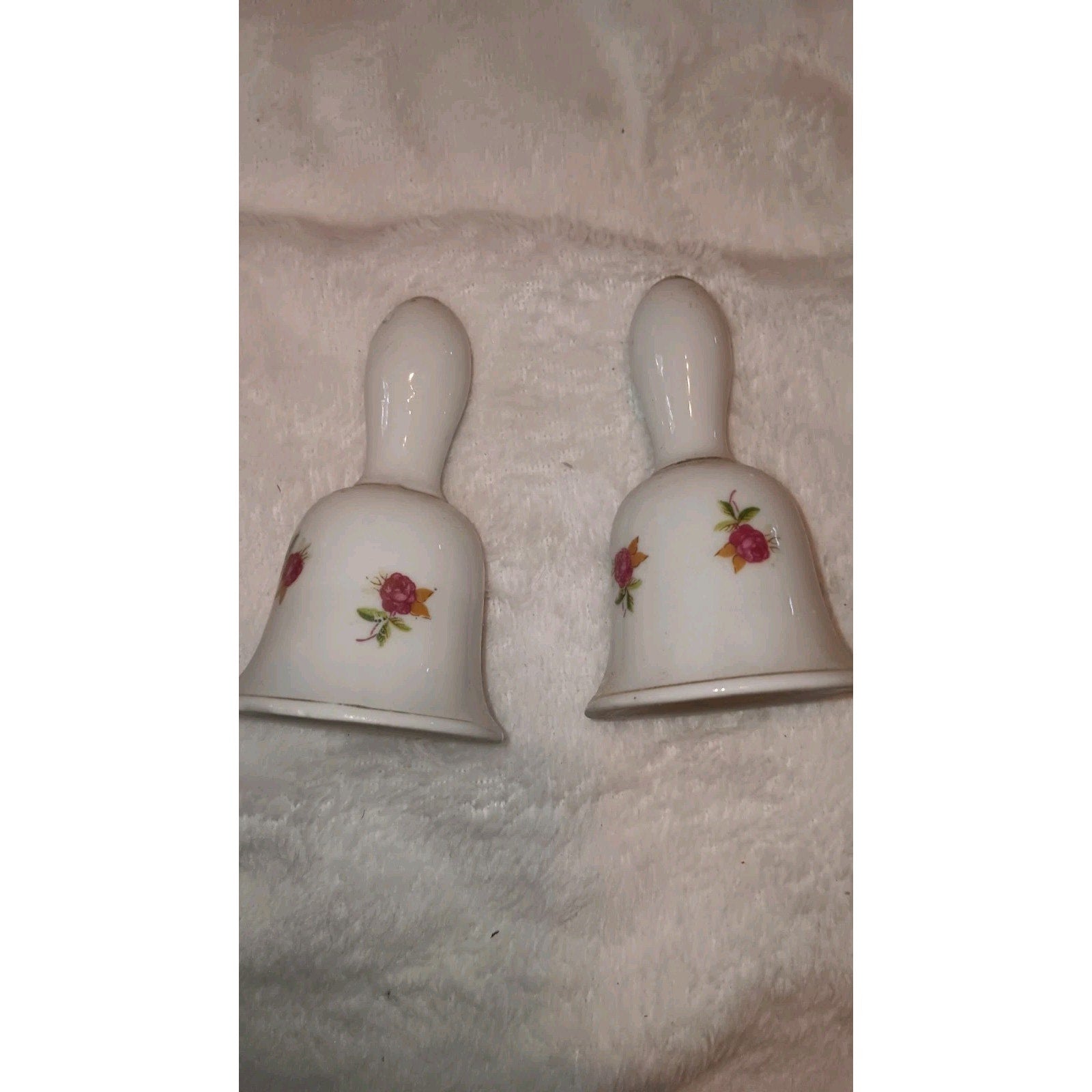 Vintage White Gold Porcelain Bell-Shaped Salt & Pepper Shakers Pink Roses Japan