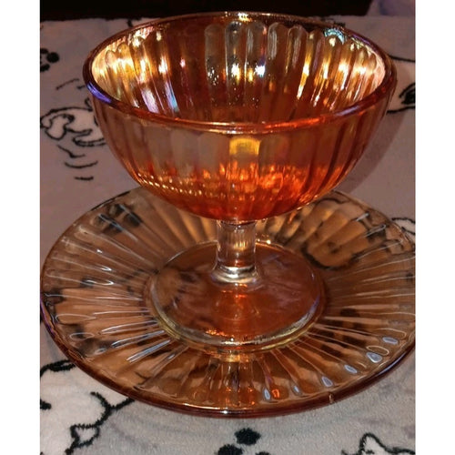 1920s Marigold Carnival Glass Sherbet Dish With Underplate