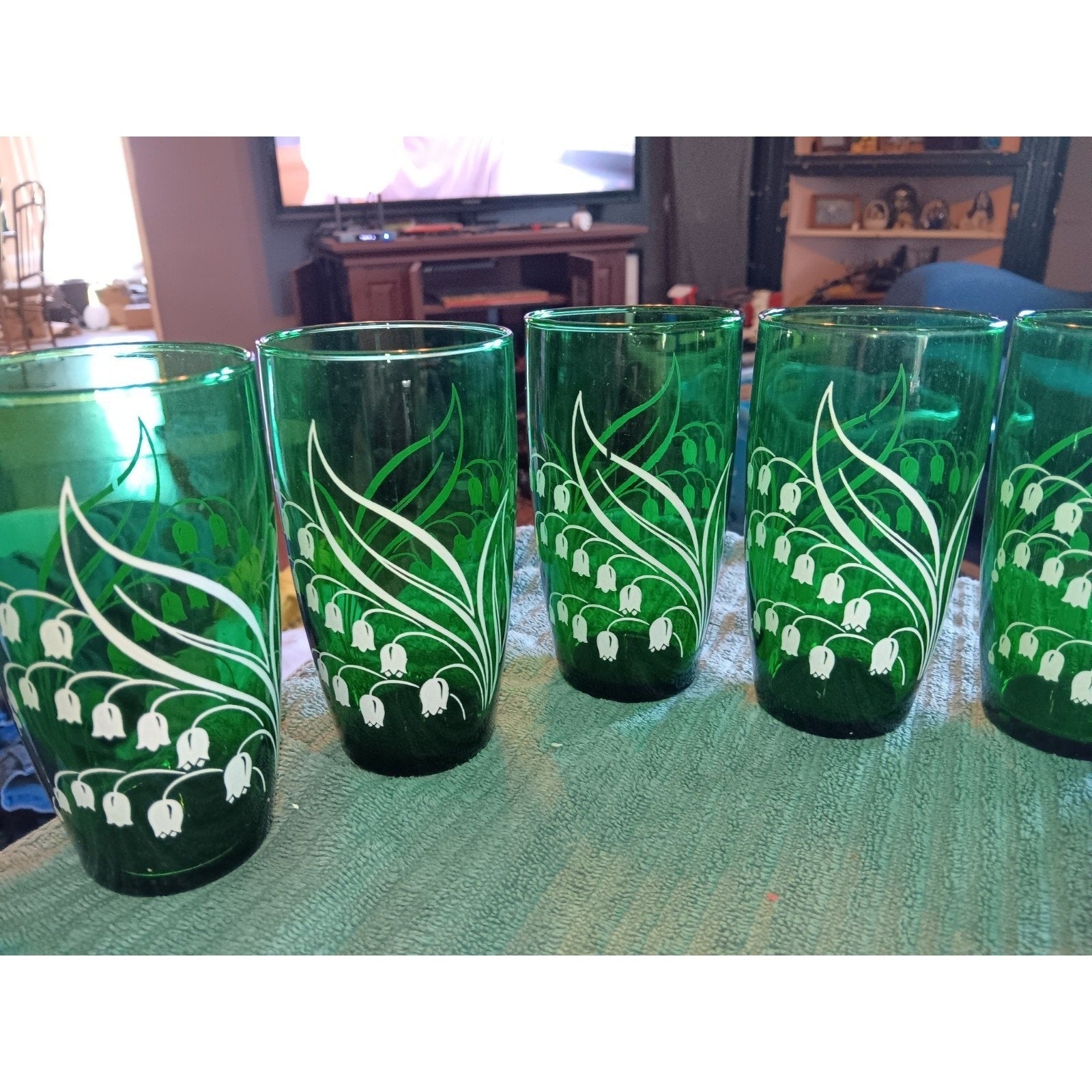 Set of 8 MCM Anchor Hocking Lily of the Valley Green Tumblers Glasses
