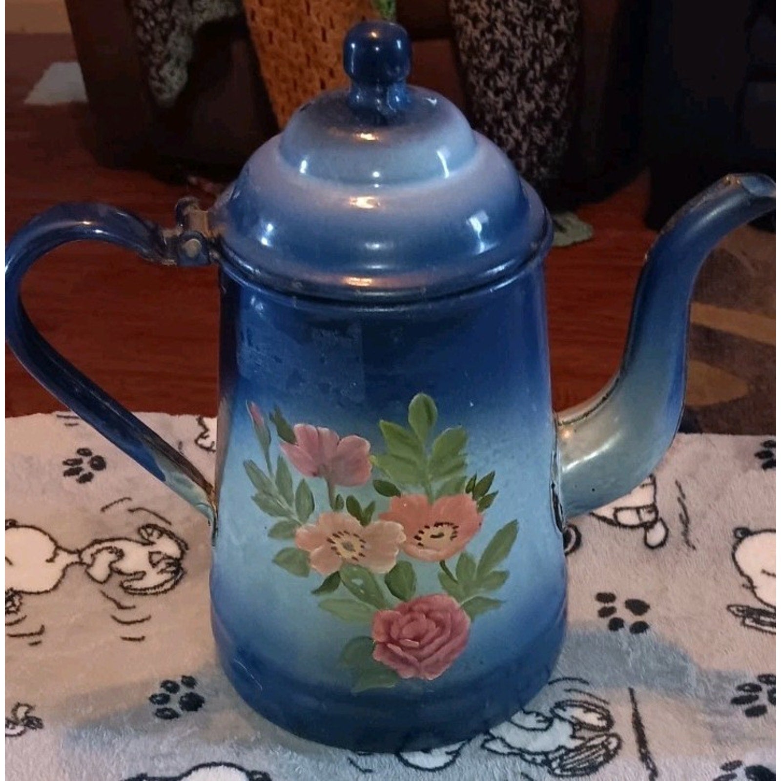 Vintage French Enamelware Cobalt Blue Handpainted Flowers Teapot 1920's Enamel