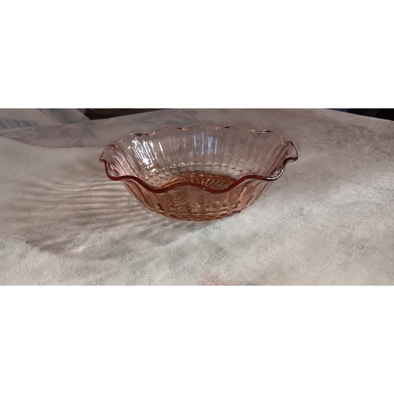 Pink Pressed Depression Glass Small Bowl Candy Dish Ruffled Edges Raised Designs