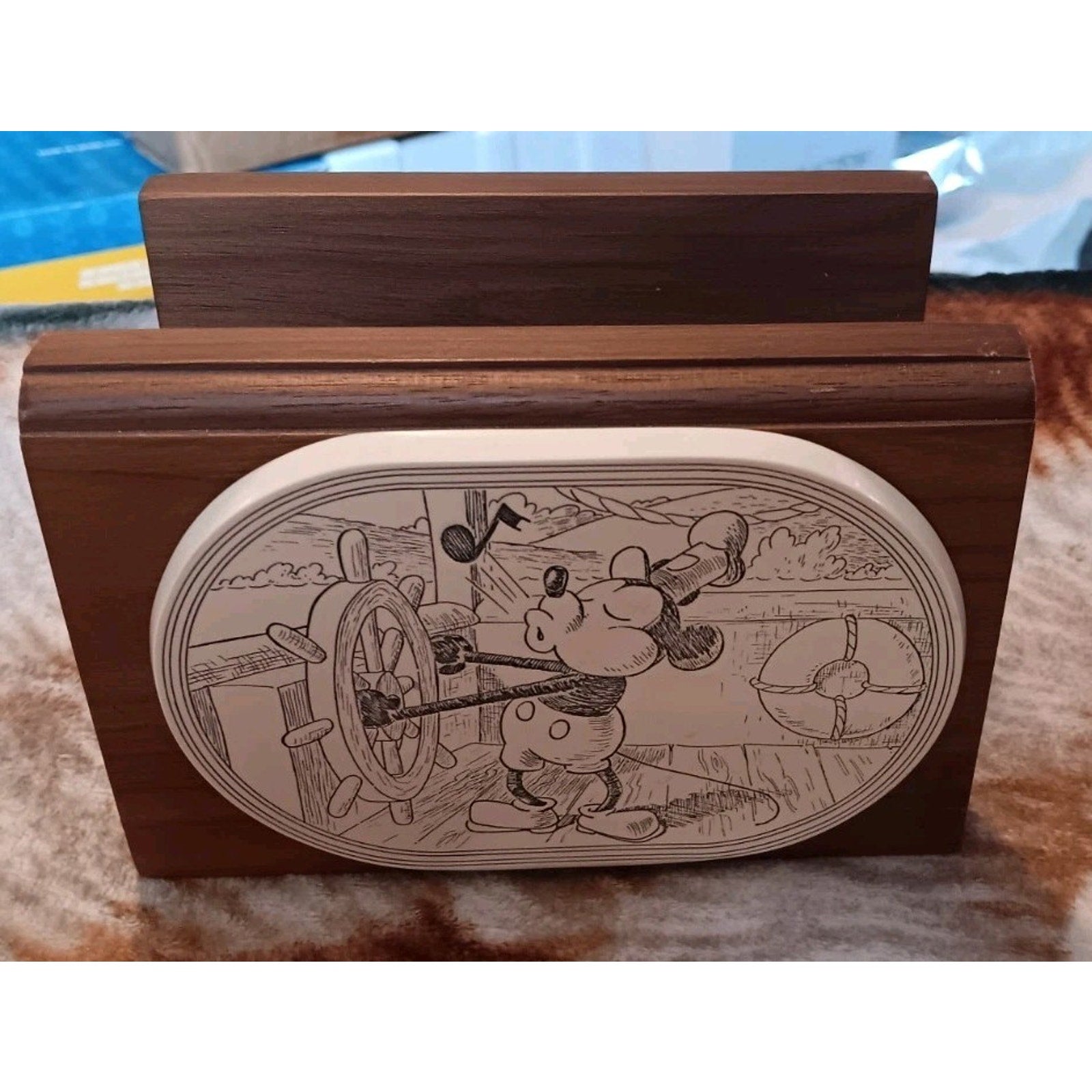 Rare Vintage Walt Disney Steamboat Willie Whistling Mickey Wooden 6" Wide Napkin