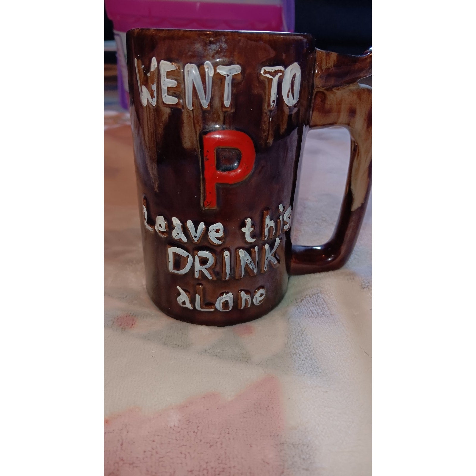 Vintage Brown Drip Glaze Ceramic Novelty Beer Mug - Went To P Wet Your Whistle
