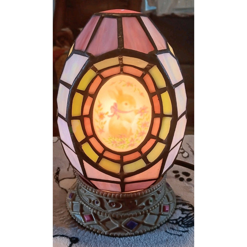 Vintage Cheyenne Slag Stained Glass Easter Bunny Rabbit Egg Table Lamp