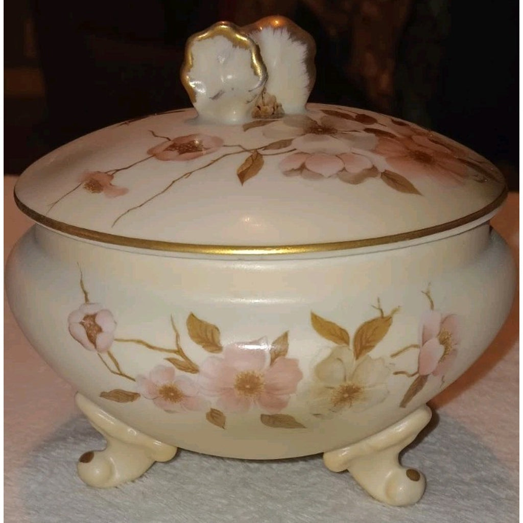 Vintage Nippon Porcelain Footed Covered Powder Bowl Hand Painted Wildflowers