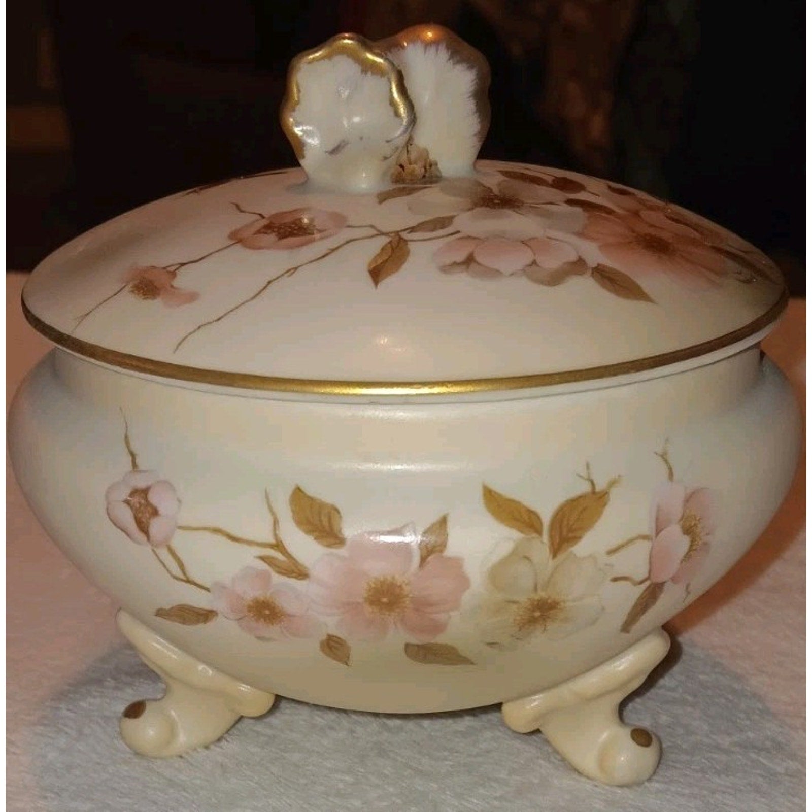 Vintage Nippon Porcelain Footed Covered Powder Bowl Hand Painted Wildflowers